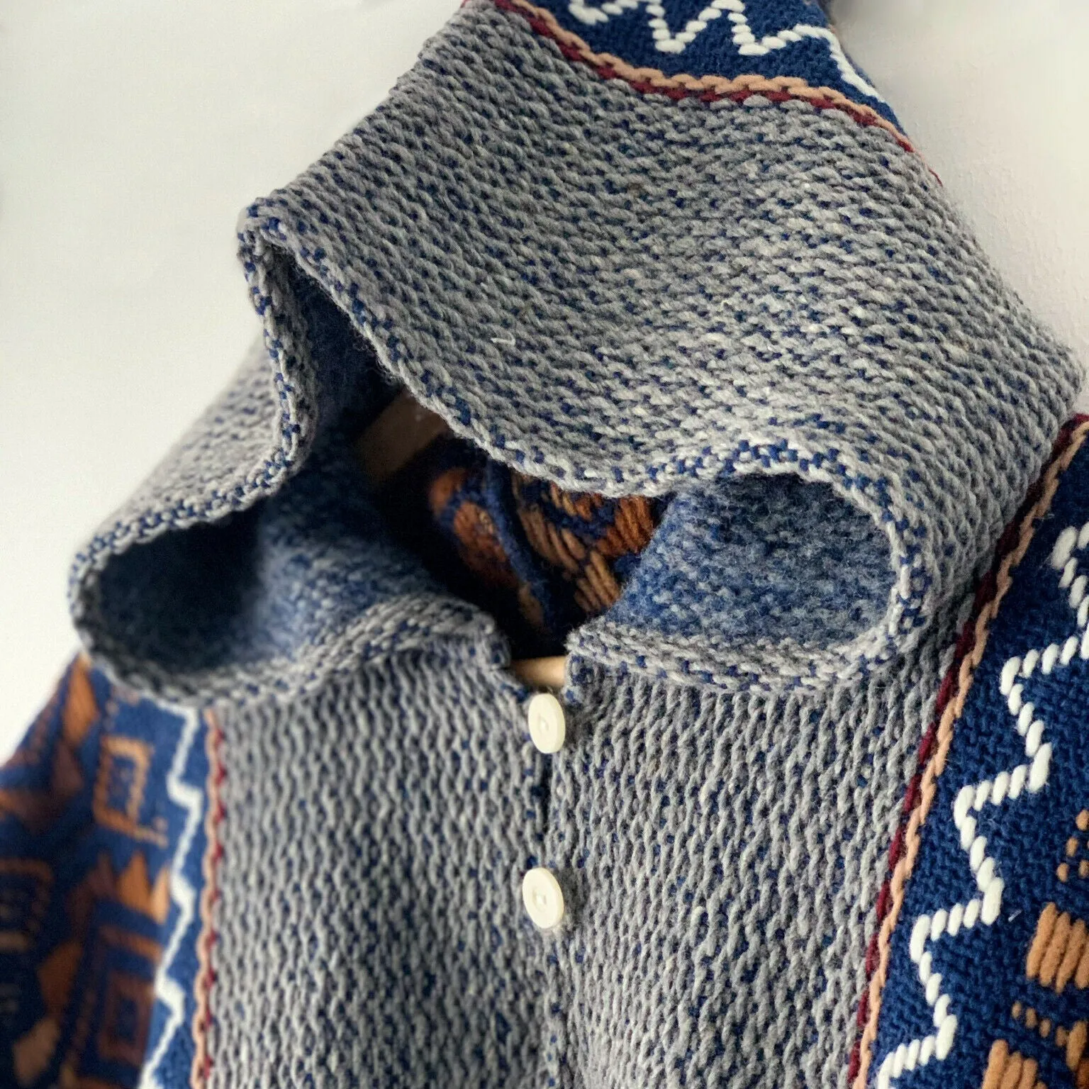 Llama Wool Unisex South American Handwoven Hooded Poncho - solid blue/gray with diamonds pattern