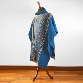 Llama Wool Unisex South American Handwoven Hooded Poncho - solid blue/gray with diamonds pattern