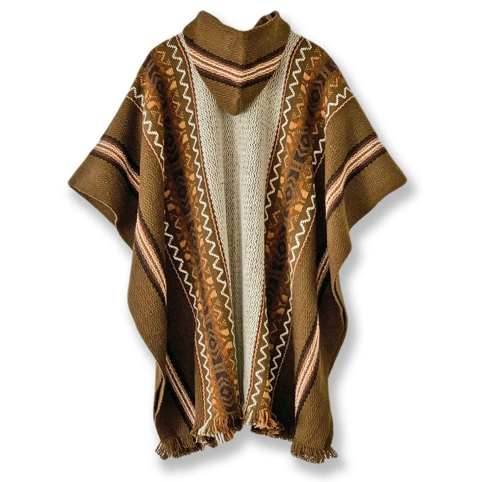 Llama Wool Unisex South American Handwoven Hooded Poncho - solid Khaki/Brown with diamonds pattern