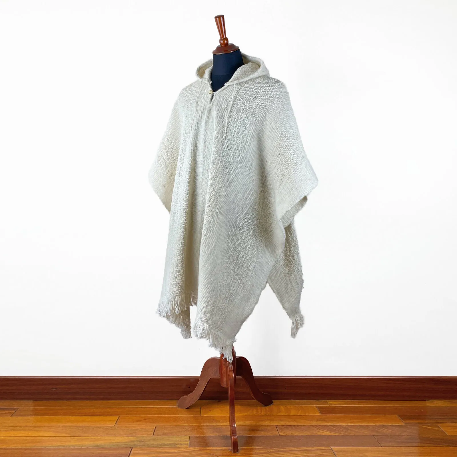 Llama Wool Unisex South American Handwoven Hooded Poncho - wavy striped pattern White