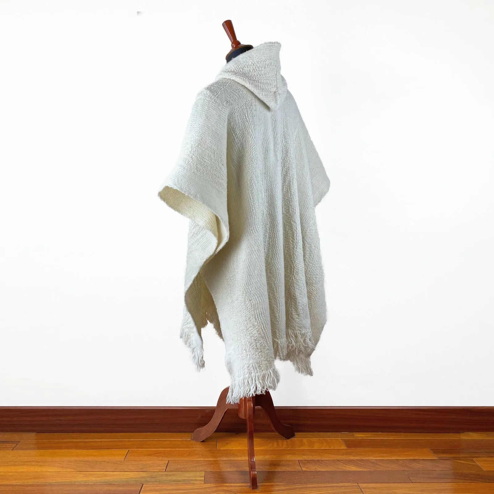 Llama Wool Unisex South American Handwoven Hooded Poncho - wavy striped pattern White