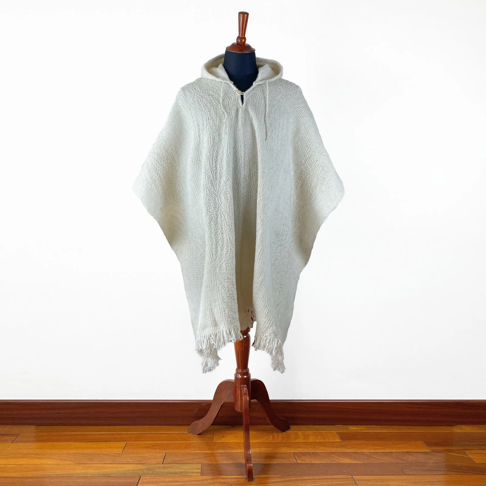 Llama Wool Unisex South American Handwoven Hooded Poncho - wavy striped pattern White