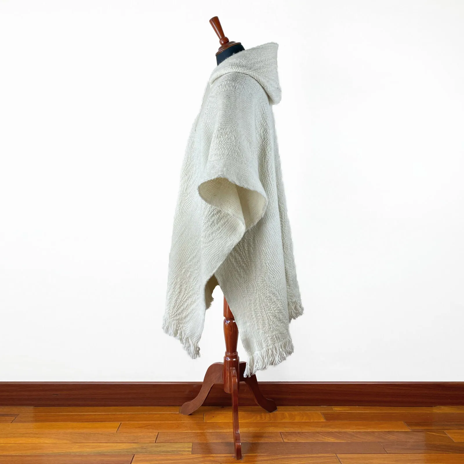 Llama Wool Unisex South American Handwoven Hooded Poncho - wavy striped pattern White