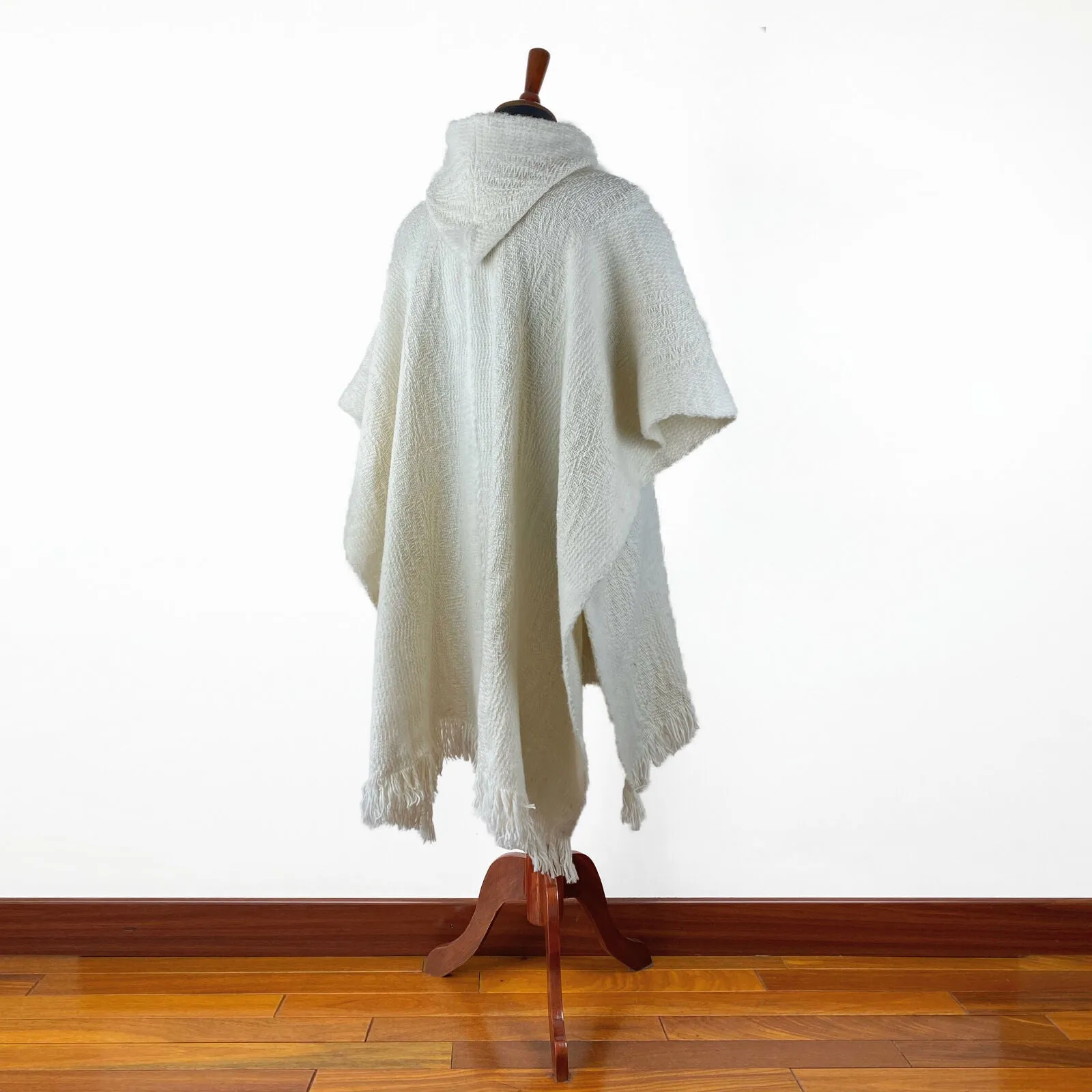 Llama Wool Unisex South American Handwoven Hooded Poncho - wavy striped pattern White