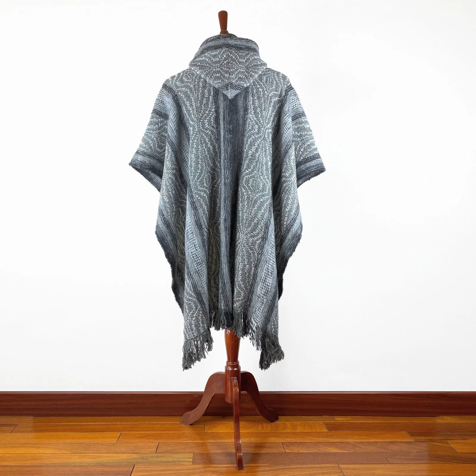 Llama Wool Unisex South American Handwoven Hooded Poncho - wavy striped pattern