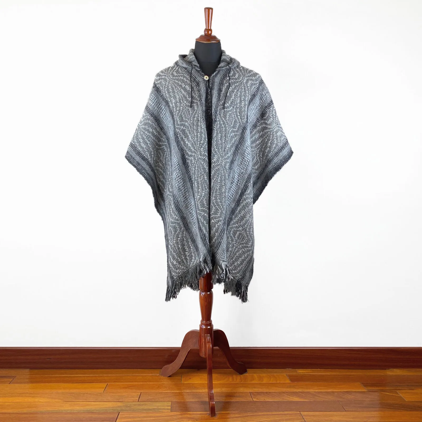 Llama Wool Unisex South American Handwoven Hooded Poncho - wavy striped pattern