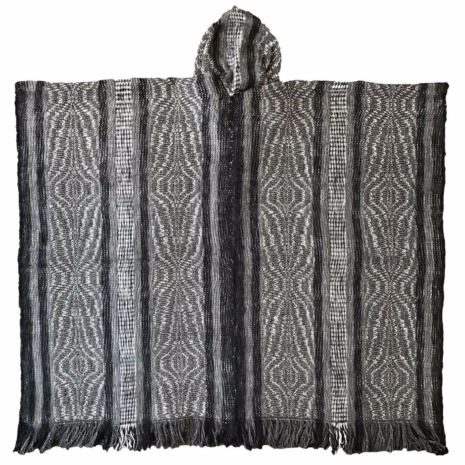 Llama Wool Unisex South American Handwoven Hooded Poncho - wavy striped pattern