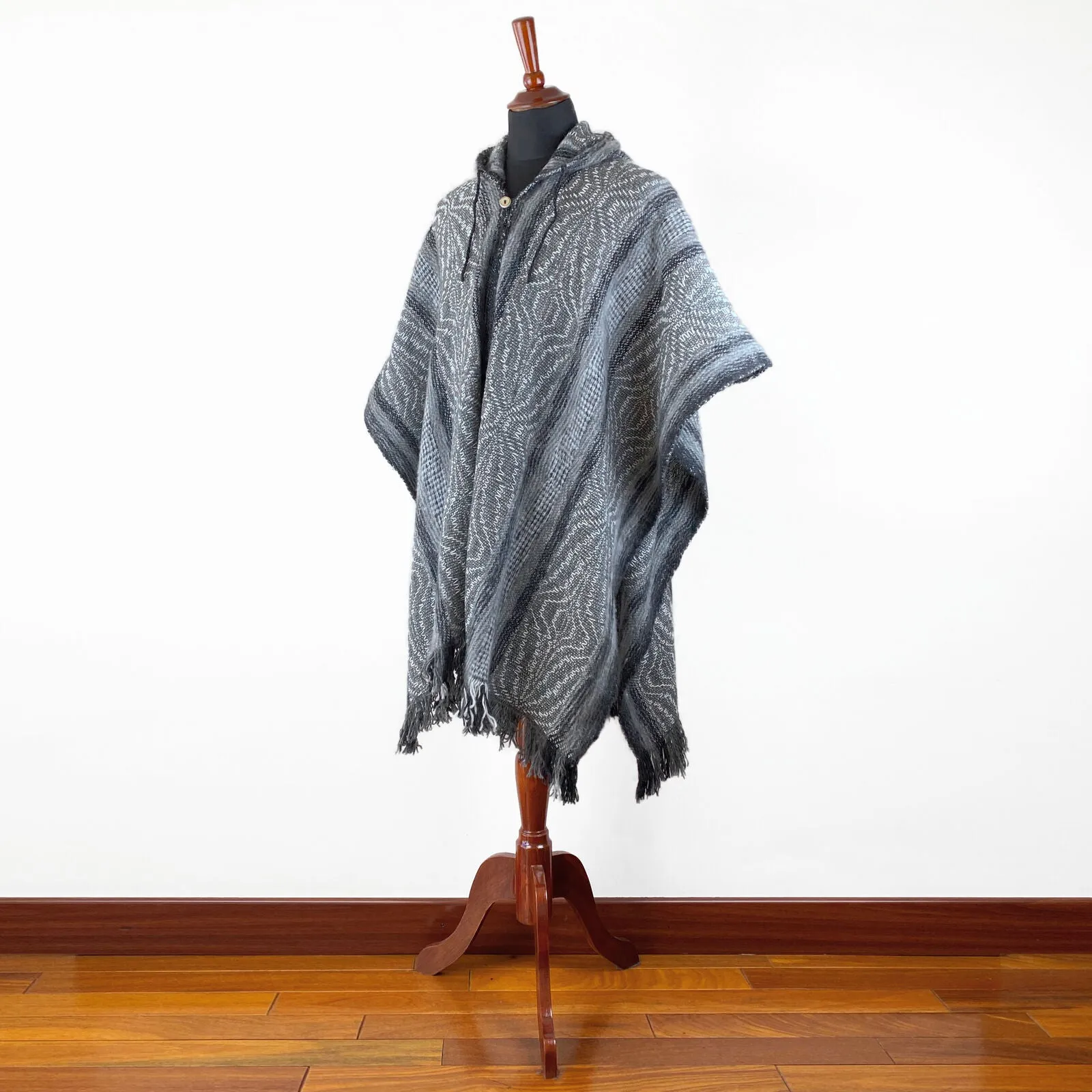 Llama Wool Unisex South American Handwoven Hooded Poncho - wavy striped pattern