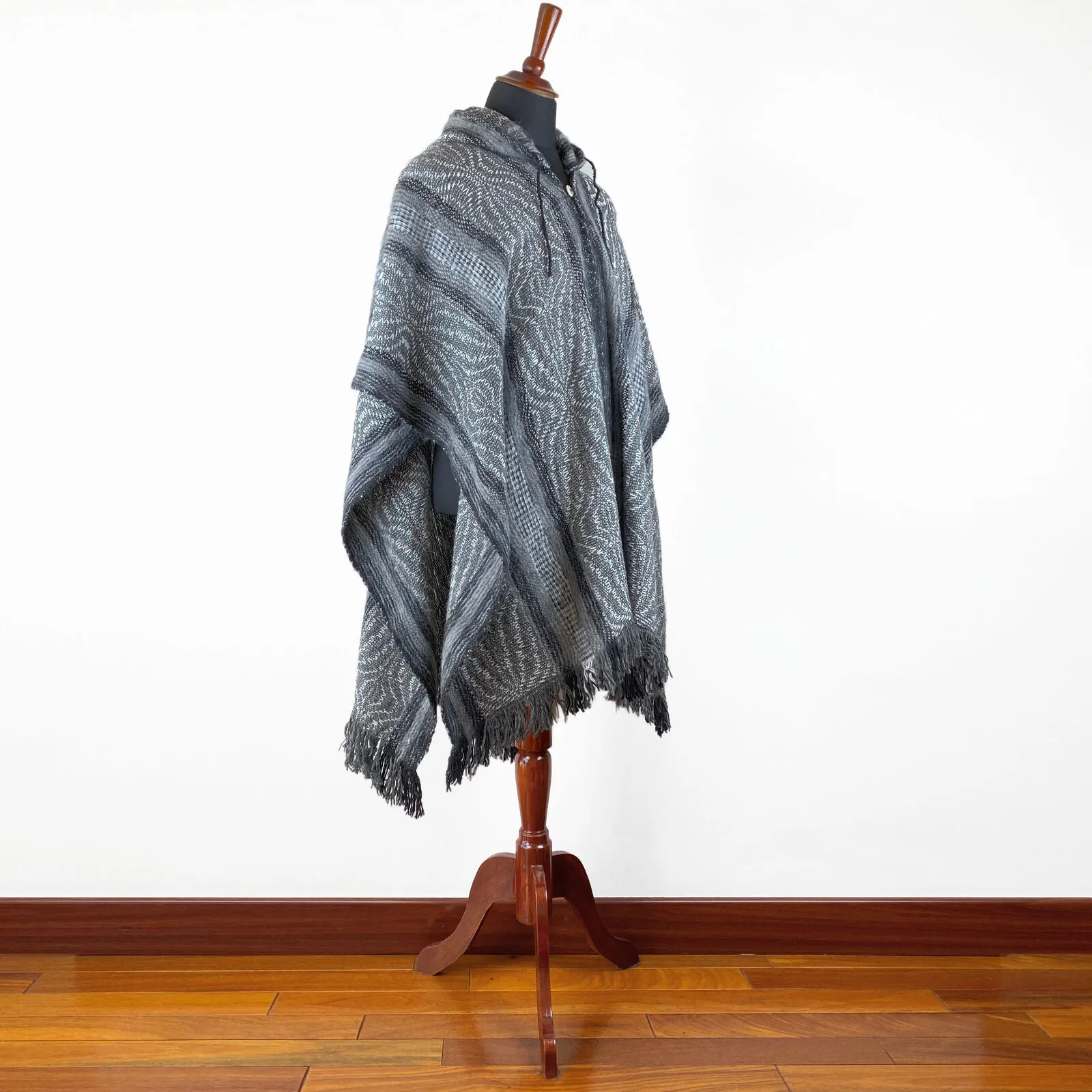 Llama Wool Unisex South American Handwoven Hooded Poncho - wavy striped pattern