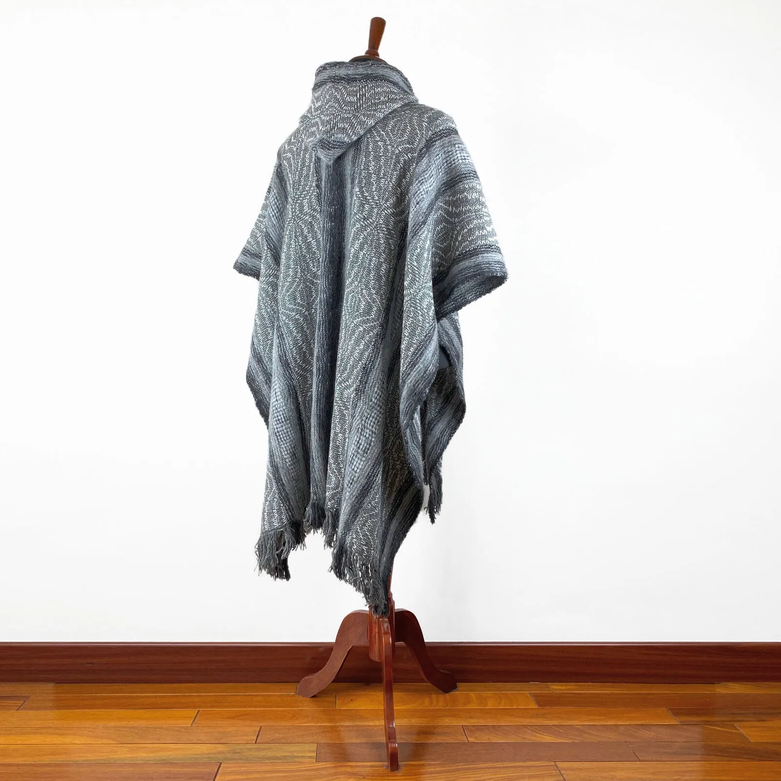 Llama Wool Unisex South American Handwoven Hooded Poncho - wavy striped pattern