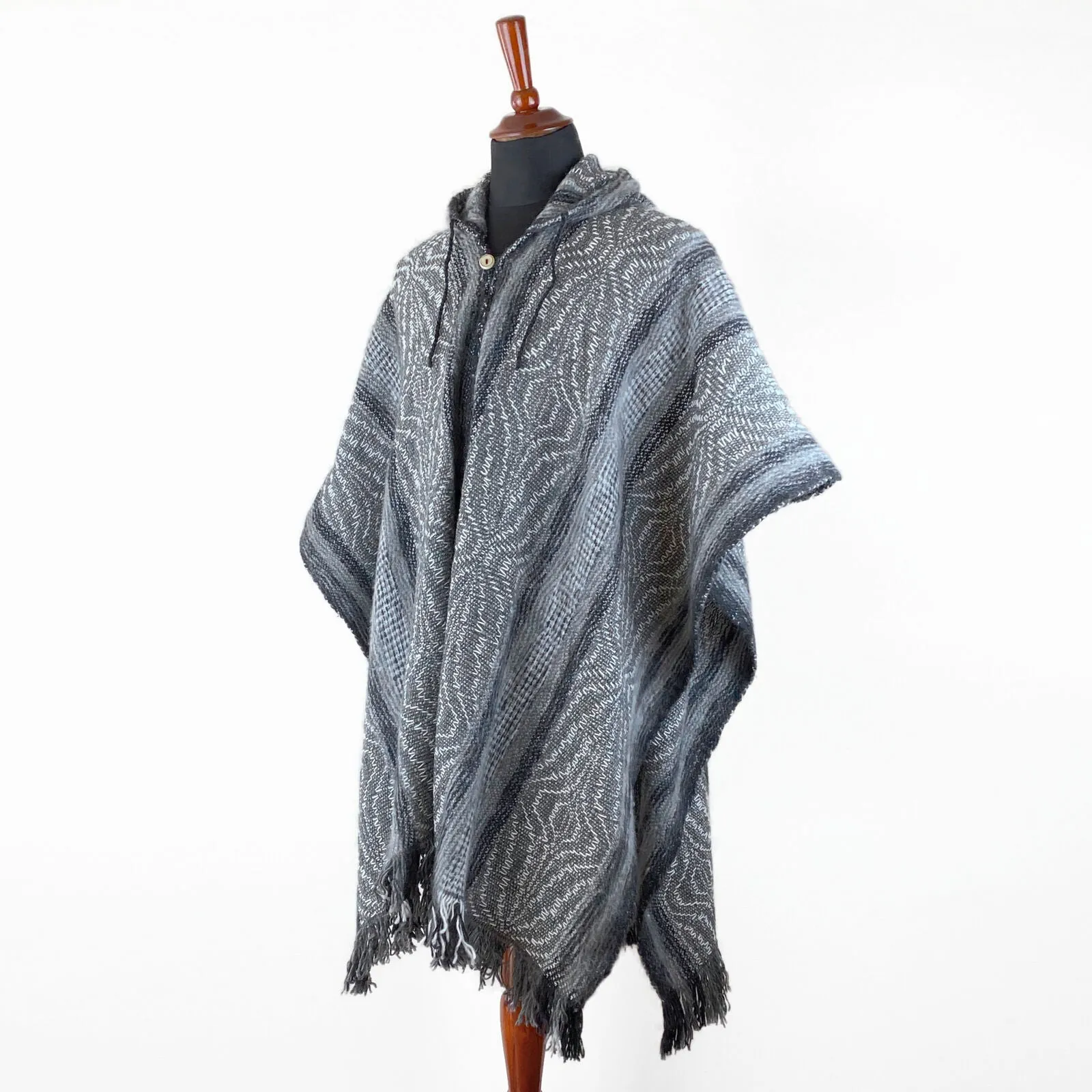 Llama Wool Unisex South American Handwoven Hooded Poncho - wavy striped pattern