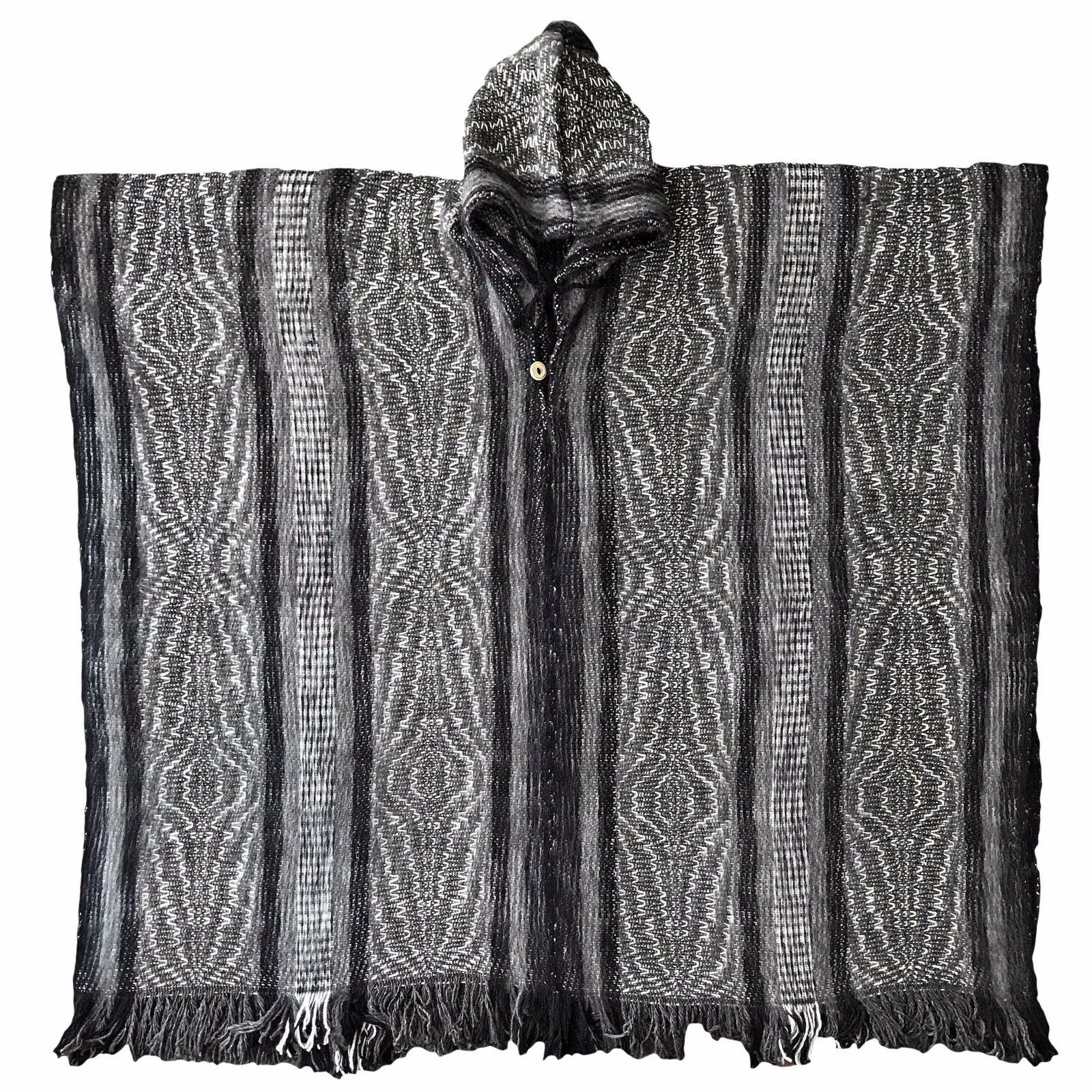 Llama Wool Unisex South American Handwoven Hooded Poncho - wavy striped pattern