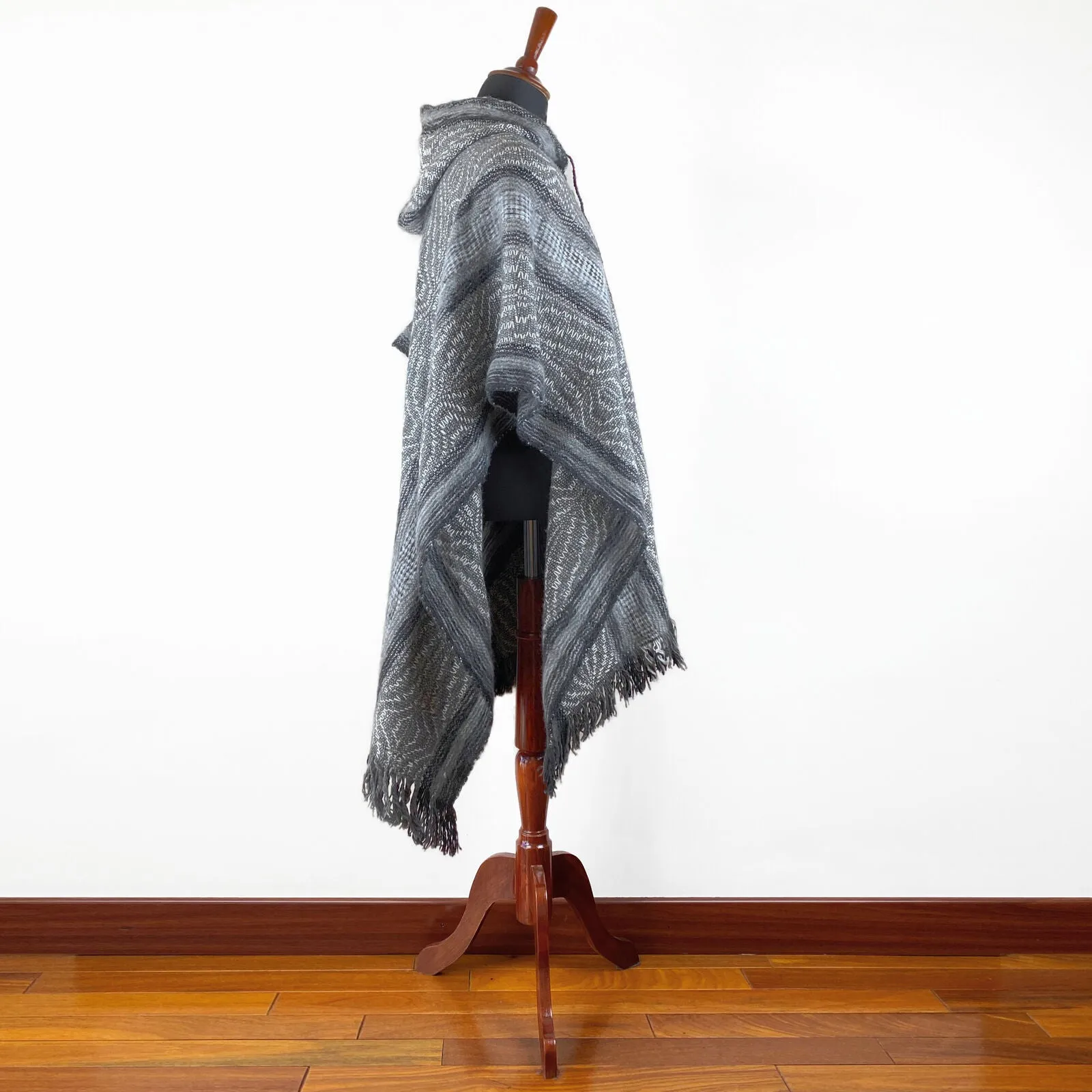 Llama Wool Unisex South American Handwoven Hooded Poncho - wavy striped pattern