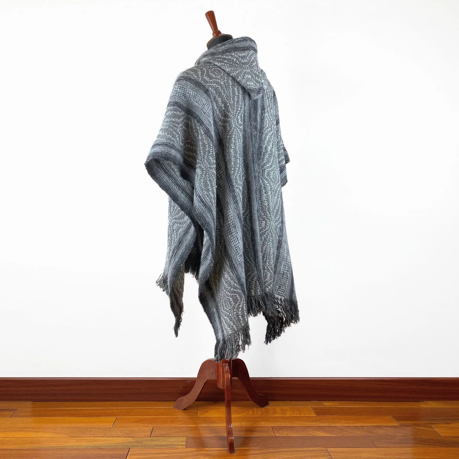 Llama Wool Unisex South American Handwoven Hooded Poncho - wavy striped pattern