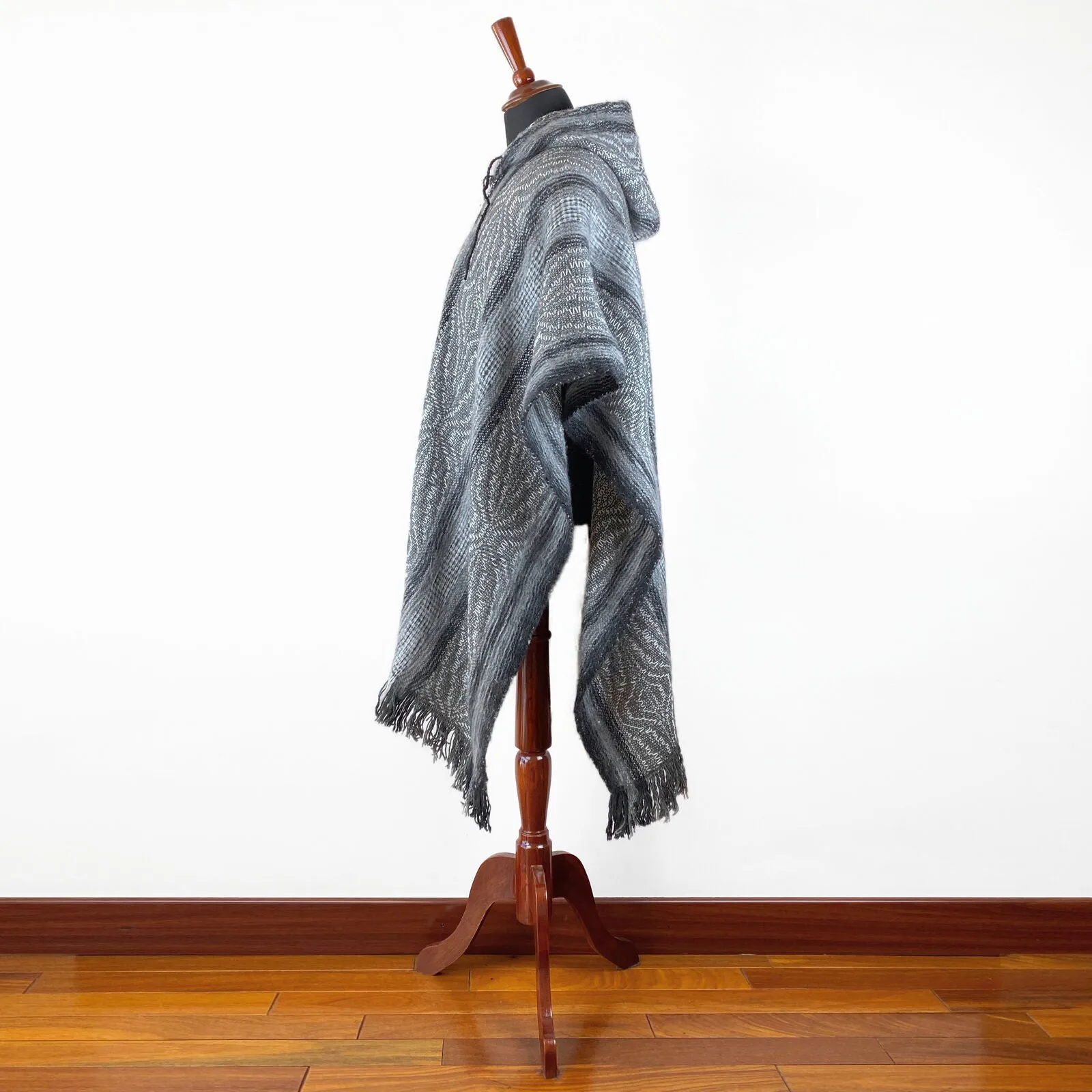 Llama Wool Unisex South American Handwoven Hooded Poncho - wavy striped pattern