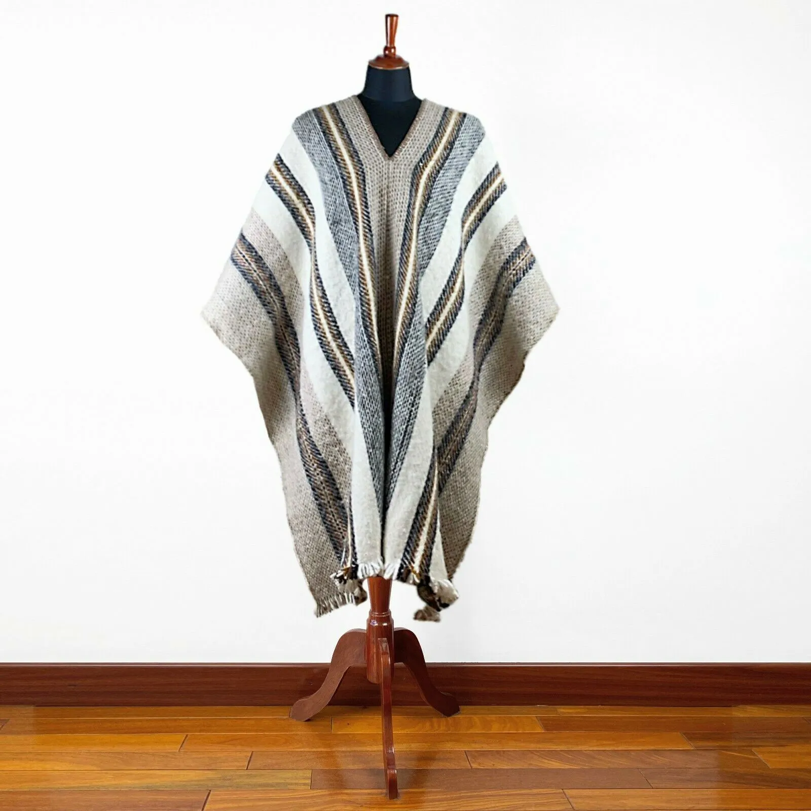 Llama Wool Unisex South American Handwoven Serape Poncho - Extra Long M-XXL - striped pattern