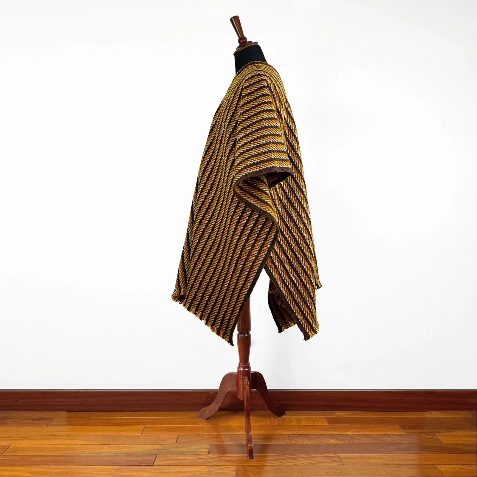 Llama Wool Unisex South American Handwoven Serape Poncho - thin stripes - brown