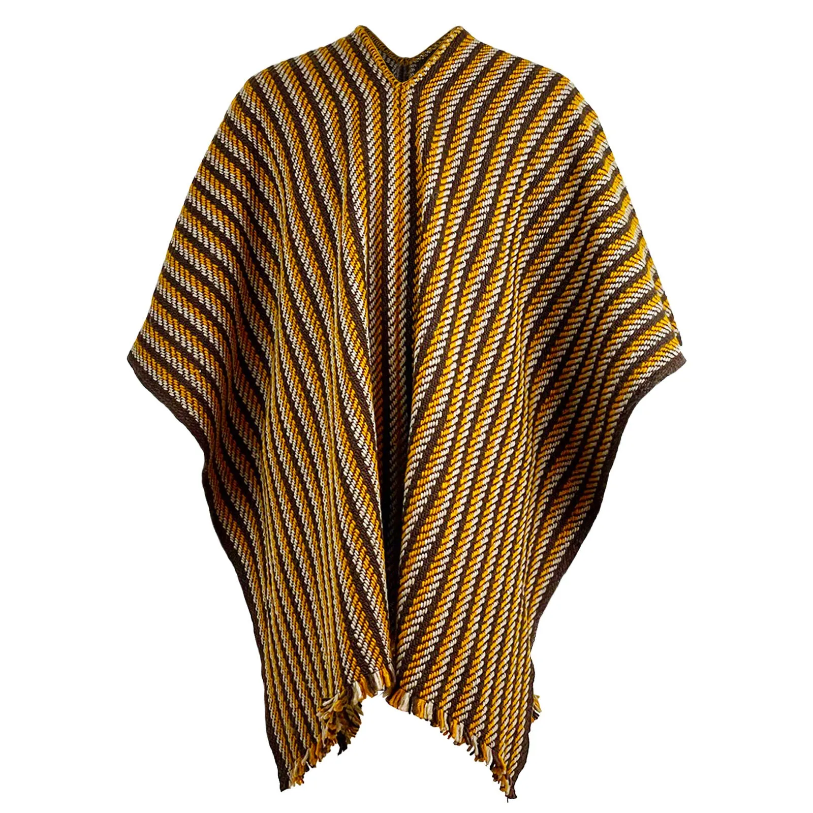 Llama Wool Unisex South American Handwoven Serape Poncho - thin stripes - brown