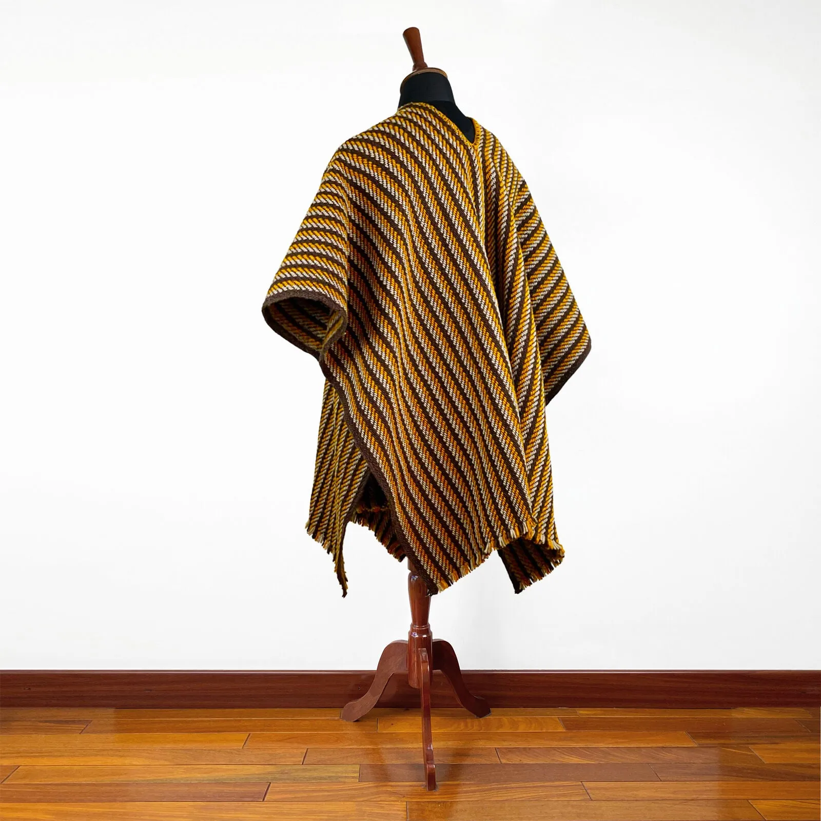 Llama Wool Unisex South American Handwoven Serape Poncho - thin stripes - brown