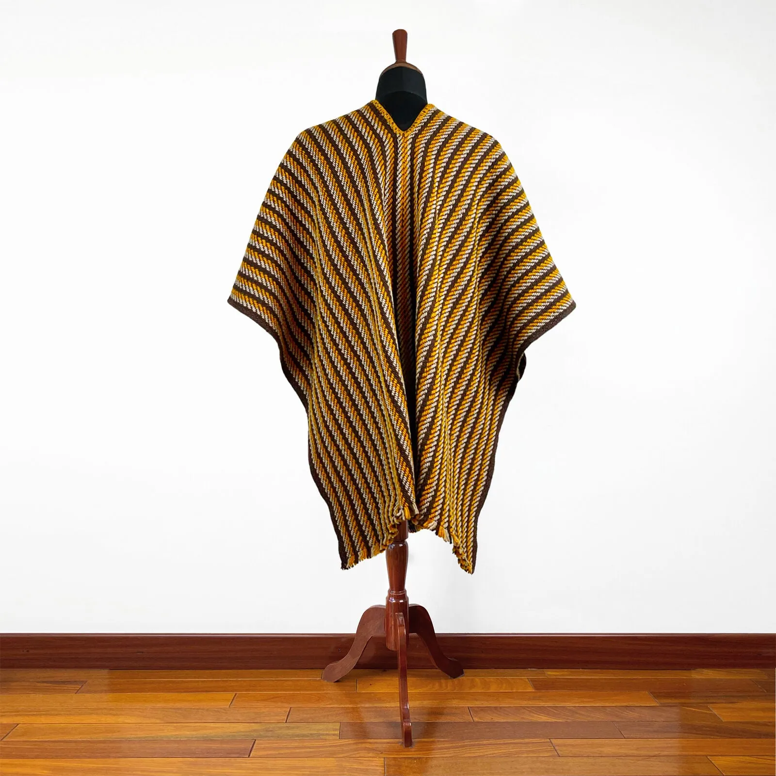 Llama Wool Unisex South American Handwoven Serape Poncho - thin stripes - brown