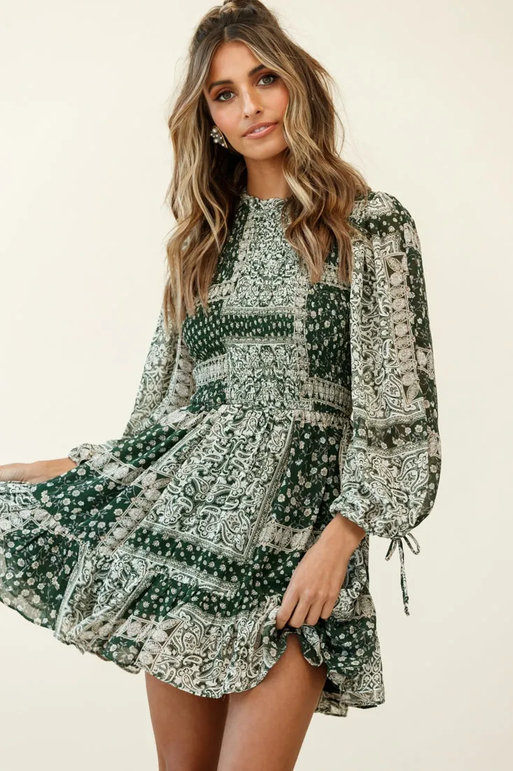 Marja Long Balloon Sleeve Shirred Dress Paisley Print Forest Green