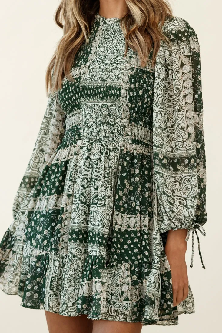 Marja Long Balloon Sleeve Shirred Dress Paisley Print Forest Green