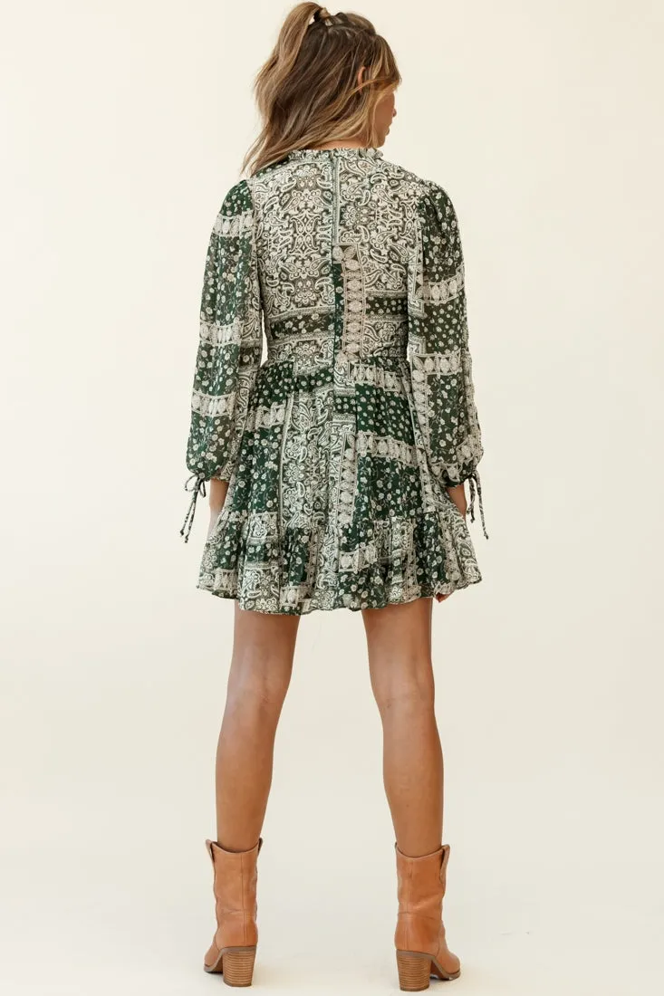 Marja Long Balloon Sleeve Shirred Dress Paisley Print Forest Green