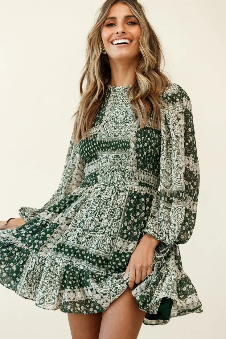 Marja Long Balloon Sleeve Shirred Dress Paisley Print Forest Green