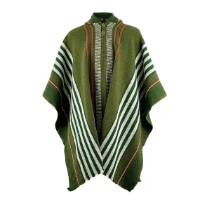 Mayaicu - Llama Wool Unisex South American Handwoven Thick Hooded Poncho - striped - olive green