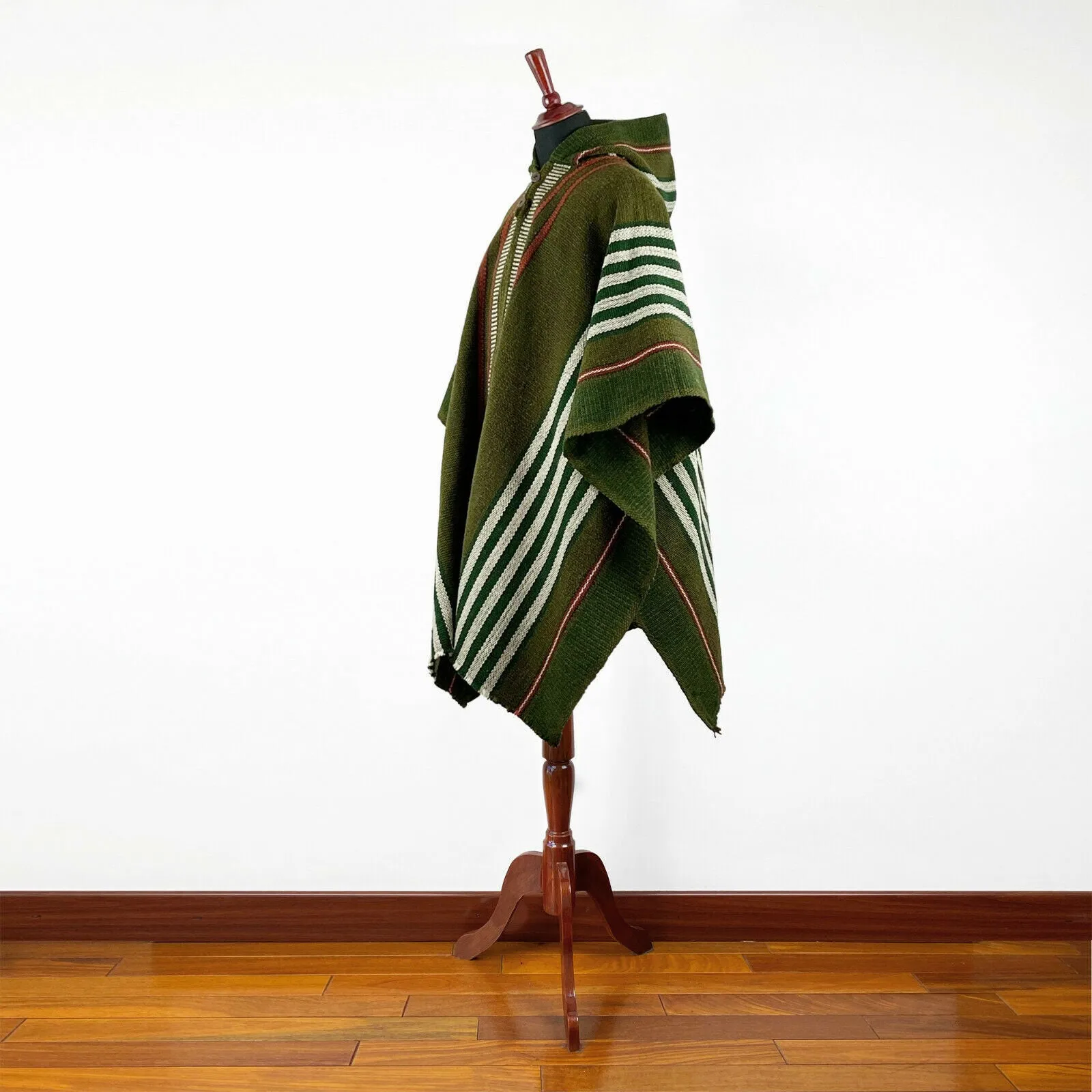 Mayaicu - Llama Wool Unisex South American Handwoven Thick Hooded Poncho - striped - olive green