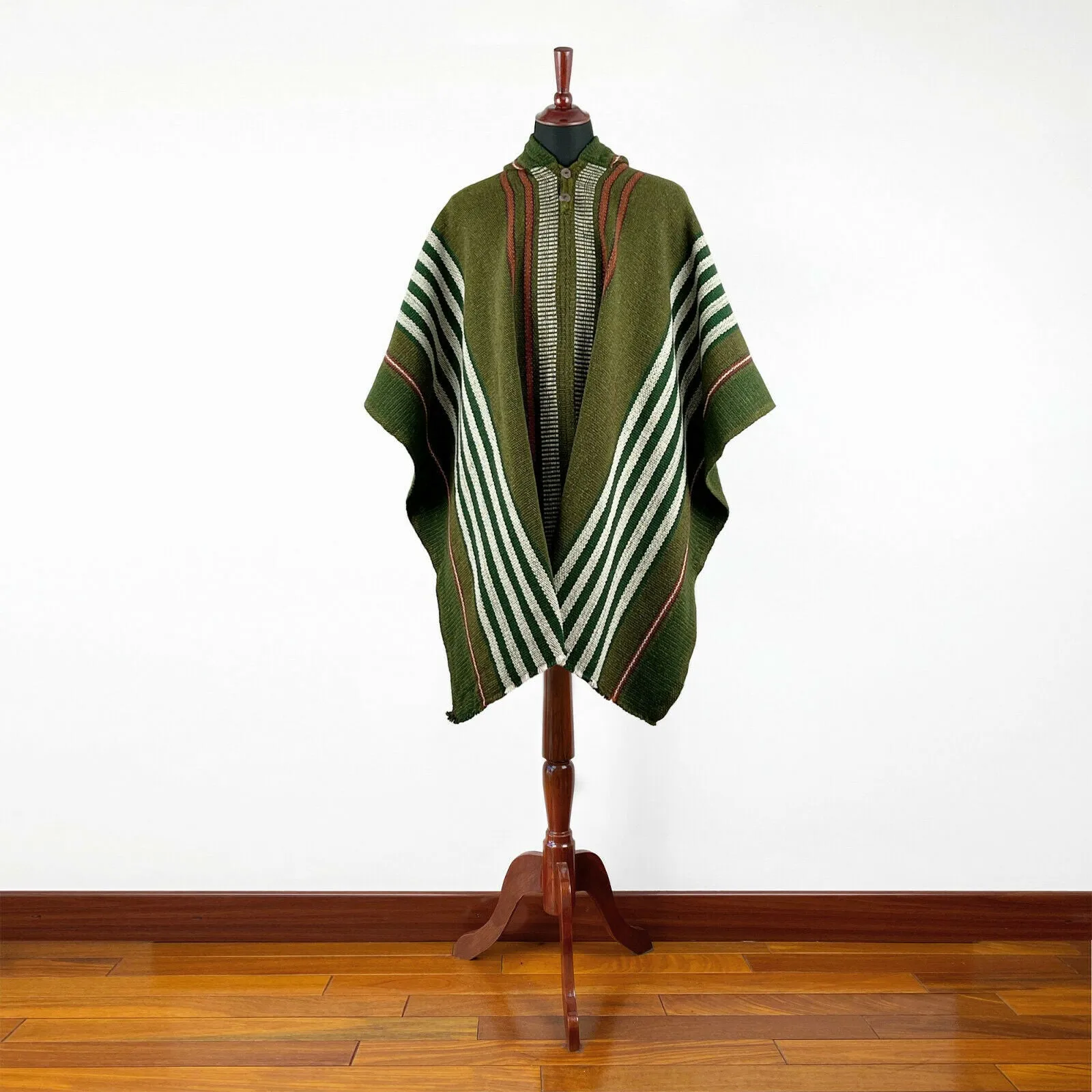 Mayaicu - Llama Wool Unisex South American Handwoven Thick Hooded Poncho - striped - olive green