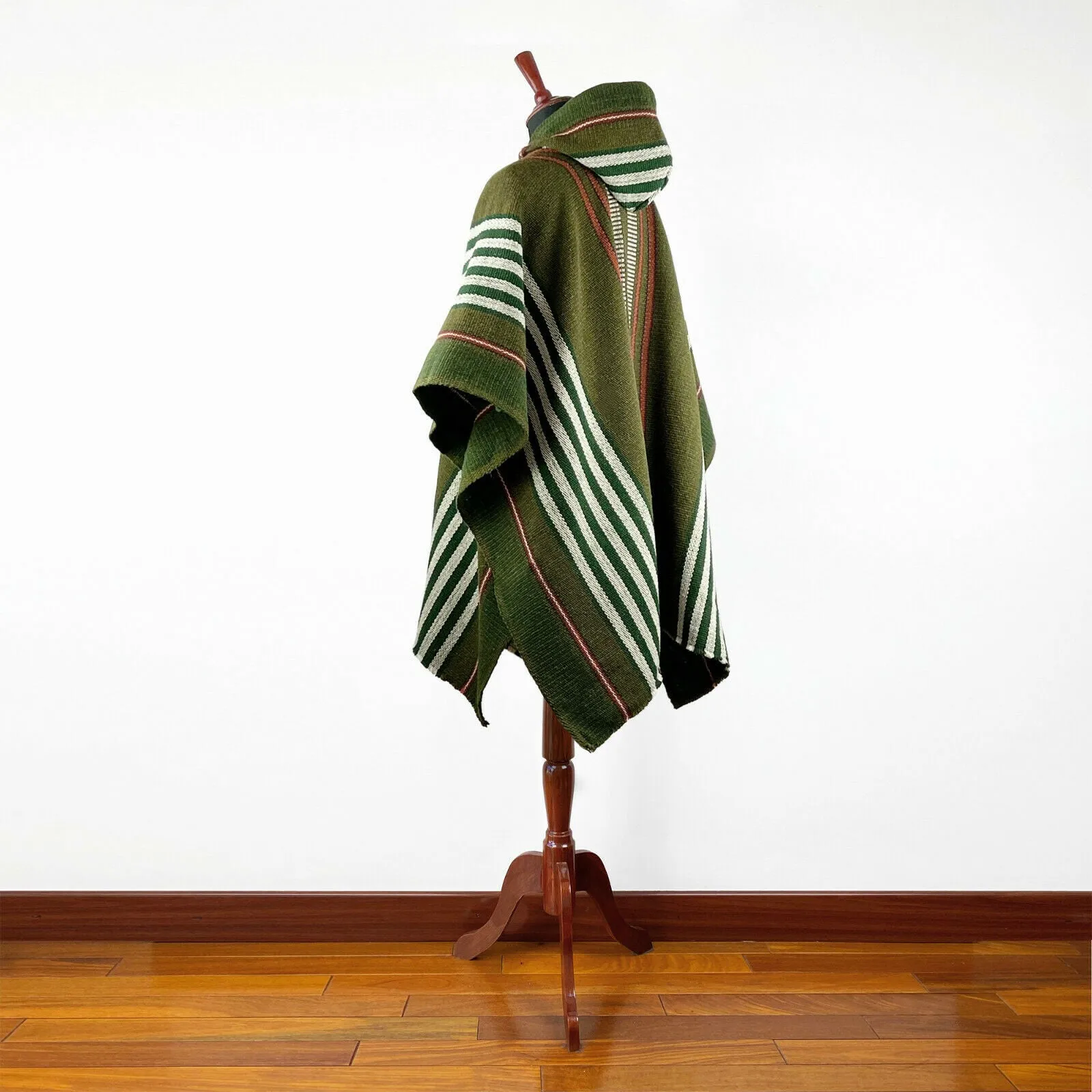 Mayaicu - Llama Wool Unisex South American Handwoven Thick Hooded Poncho - striped - olive green