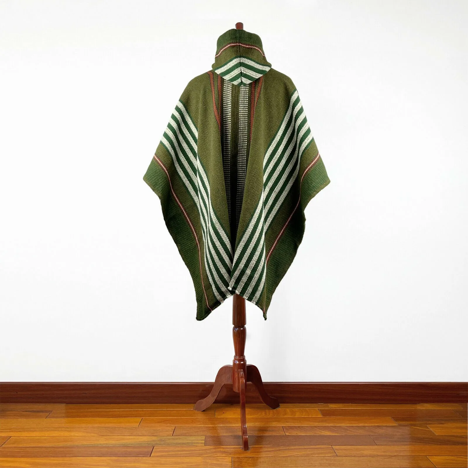 Mayaicu - Llama Wool Unisex South American Handwoven Thick Hooded Poncho - striped - olive green