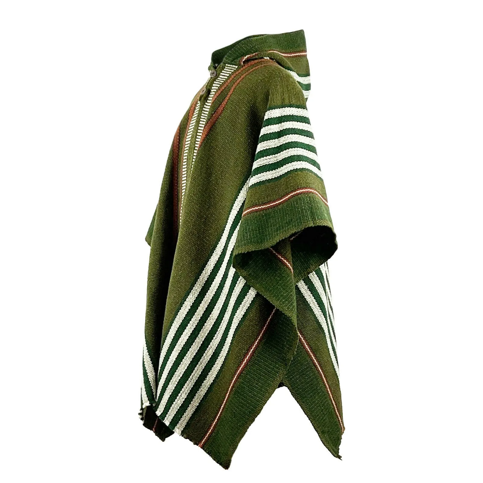 Mayaicu - Llama Wool Unisex South American Handwoven Thick Hooded Poncho - striped - olive green