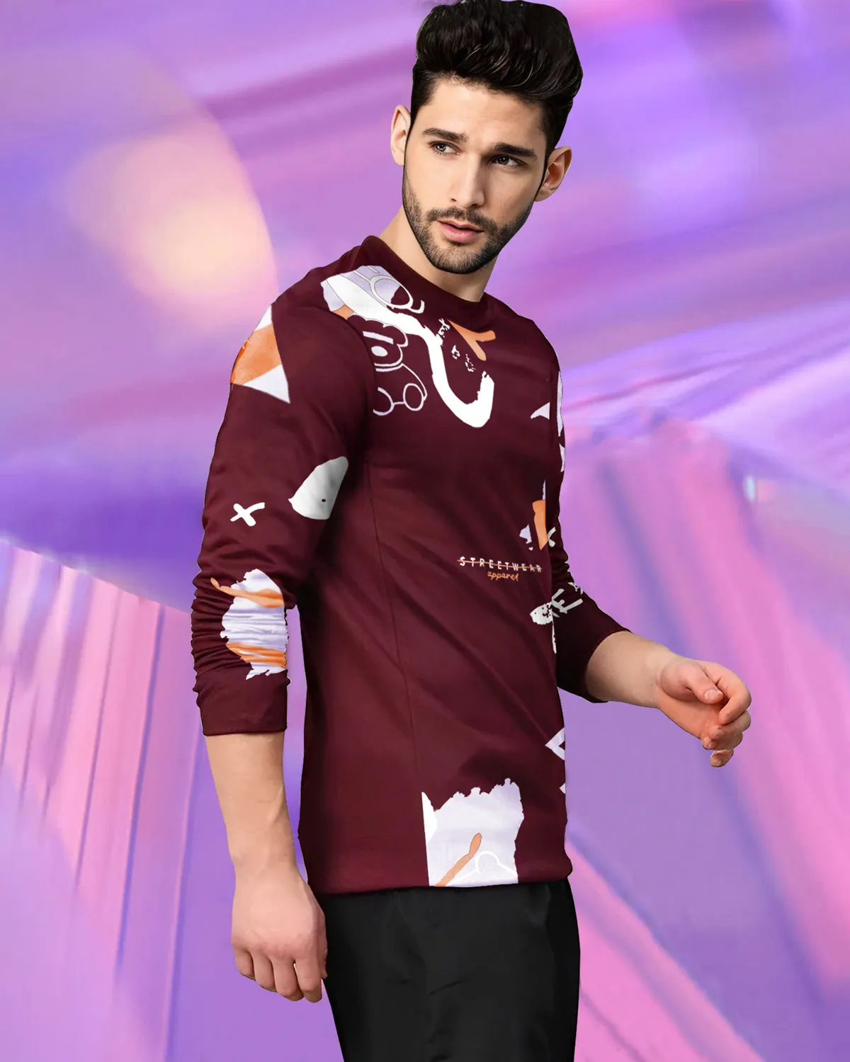 Men Full Sleeve Maroon Abstract Design T-shirt