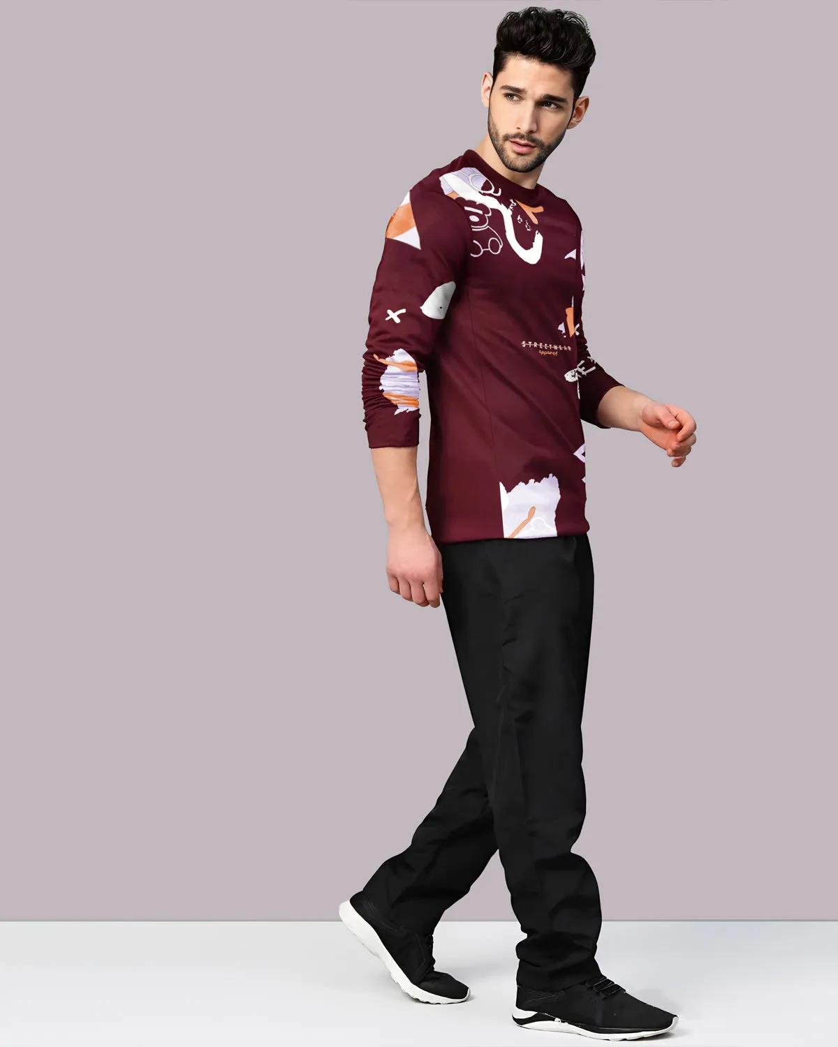 Men Full Sleeve Maroon Abstract Design T-shirt