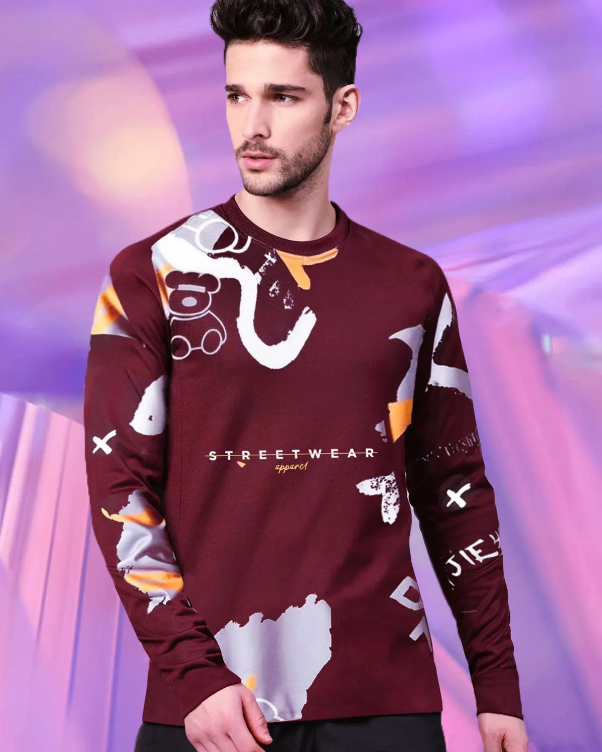 Men Full Sleeve Maroon Abstract Design T-shirt