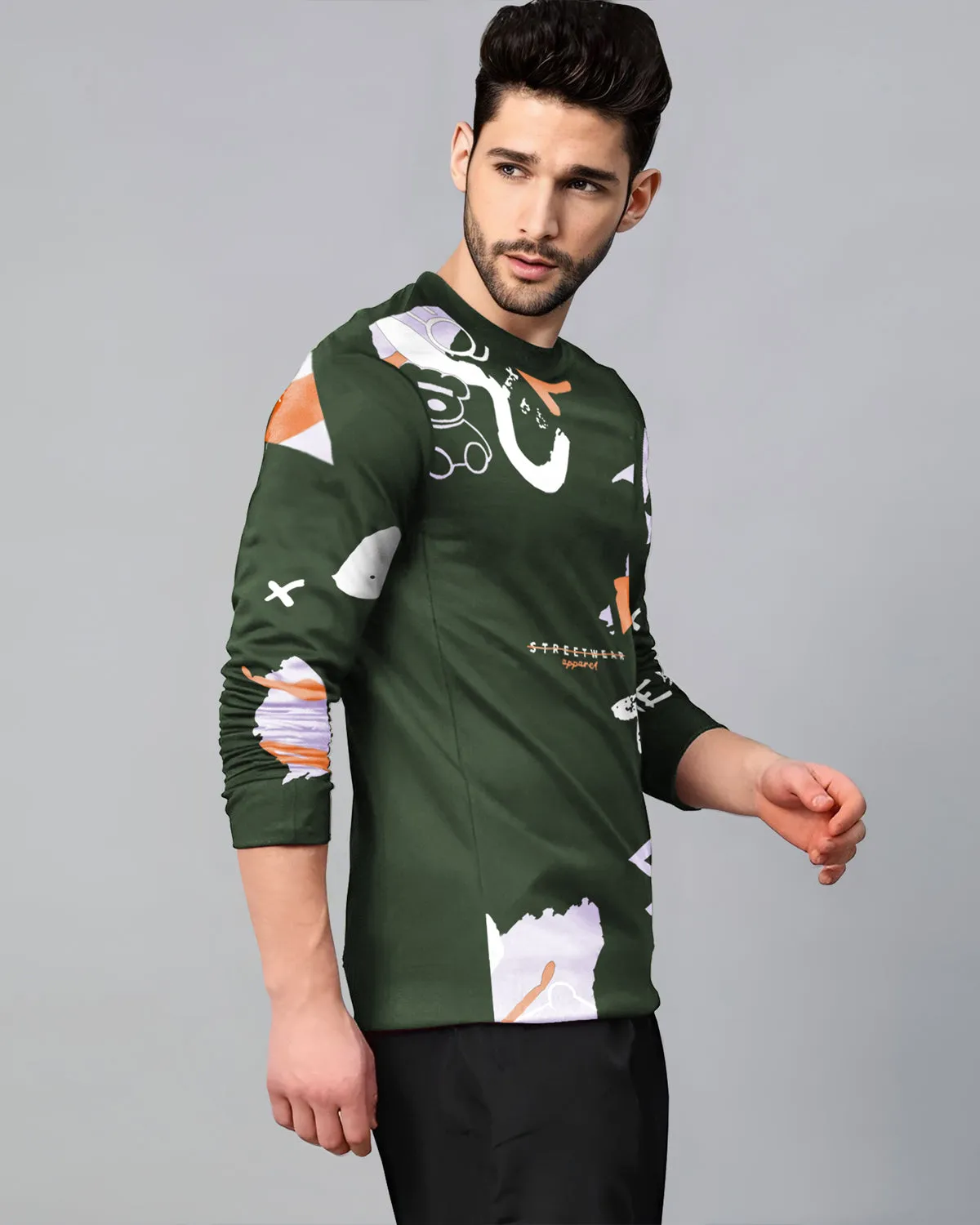 Men Full Sleeve Olivegreen Abstract Design T-shirt