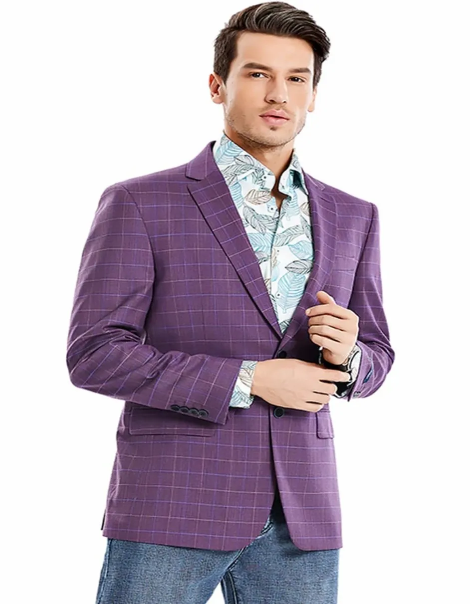 Men's Two Button Regular Fit Windowpane Magenta Plaid Sport Coat Blazer