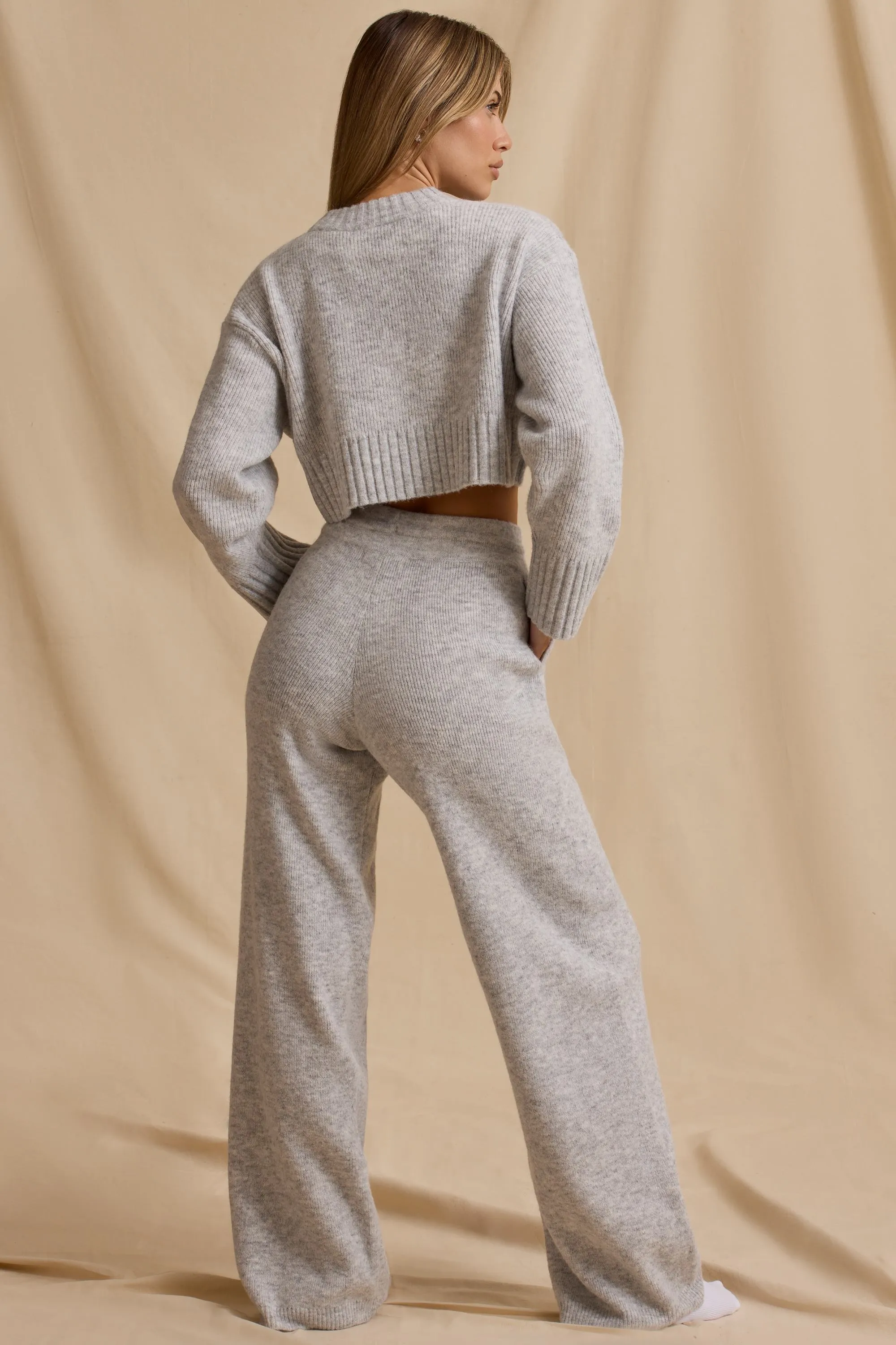 Mid-Rise Wide-Leg Joggers in Ice Marl