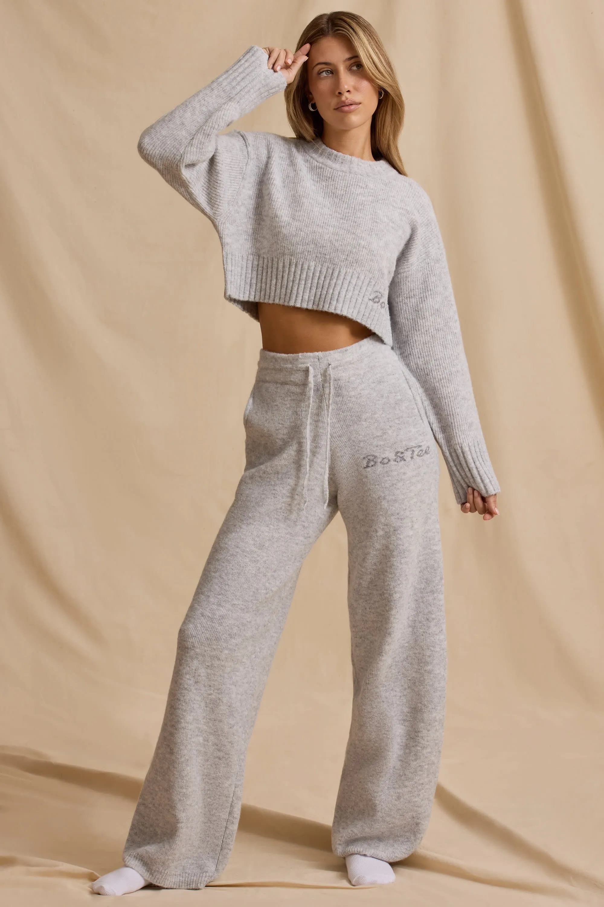 Mid-Rise Wide-Leg Joggers in Ice Marl