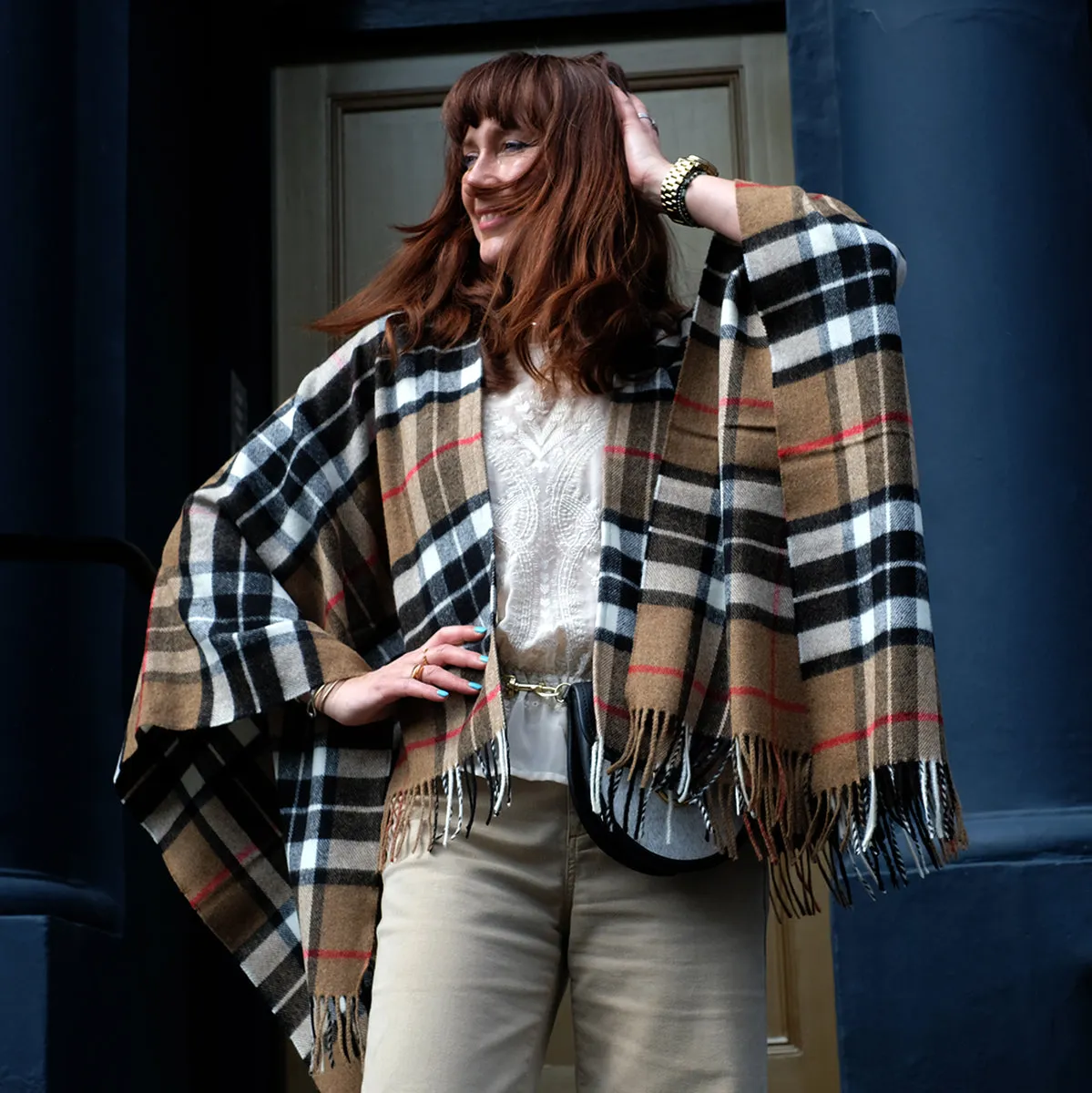 Mini Poncho in Camel Thompson tartan