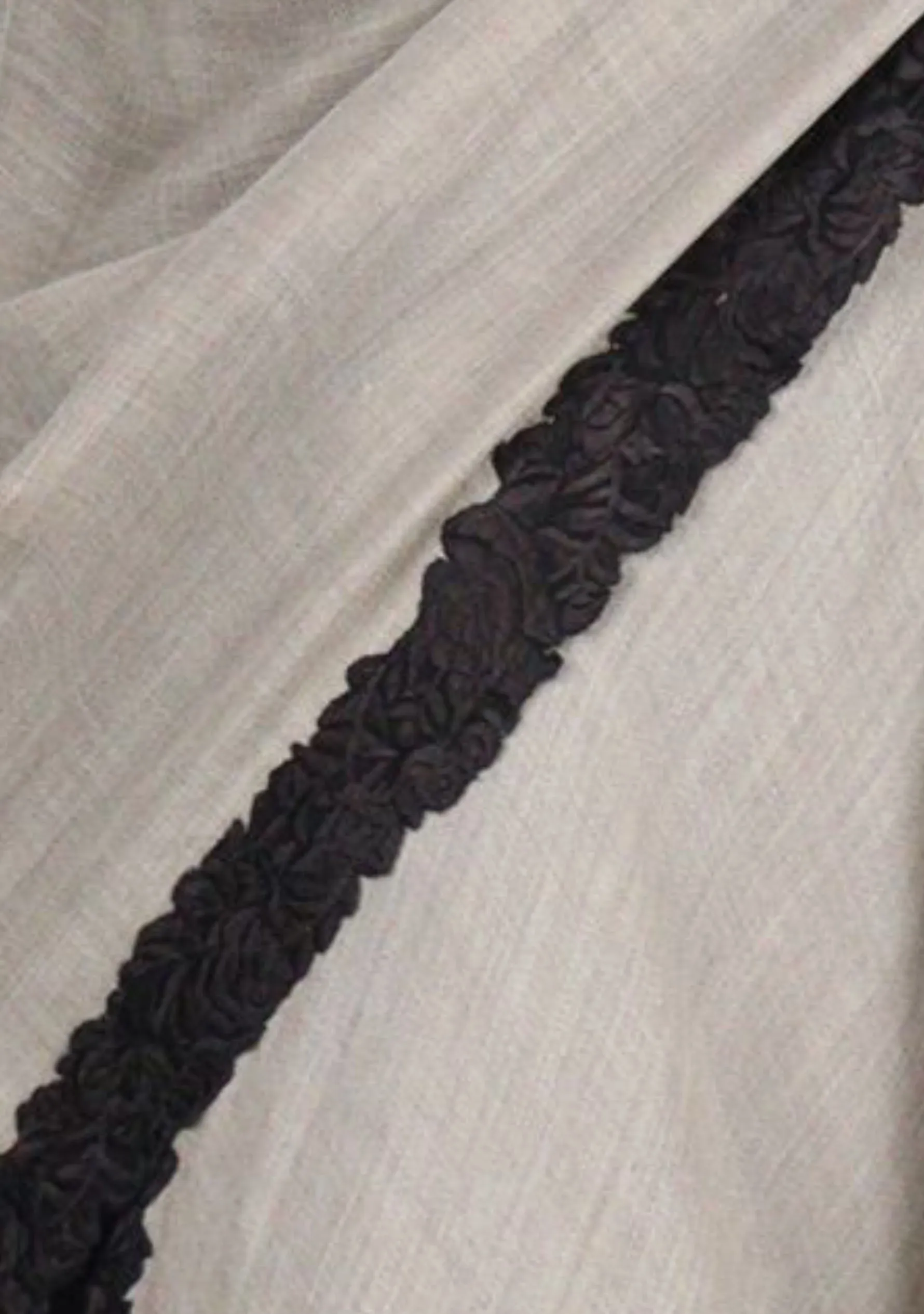 Natural Melange Wool and Silk Wrap with a Black Floral Embroidery Border