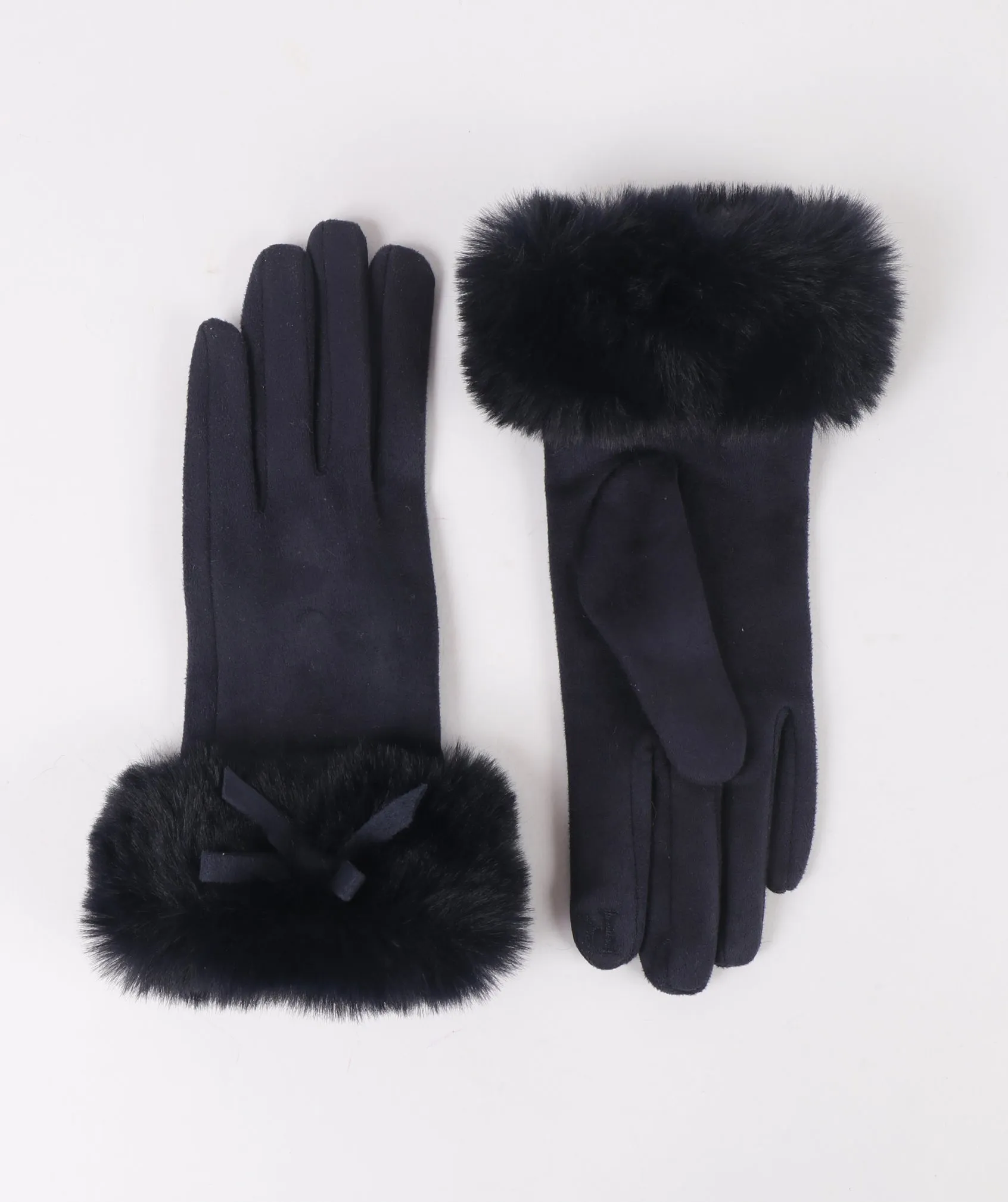 Navy Faux Suede Gloves with Faux Fur Cuffs