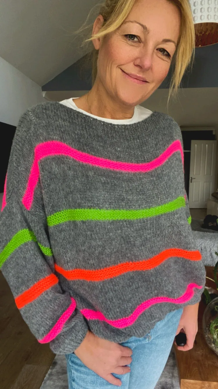 Neon Stripe Jumper - Grey