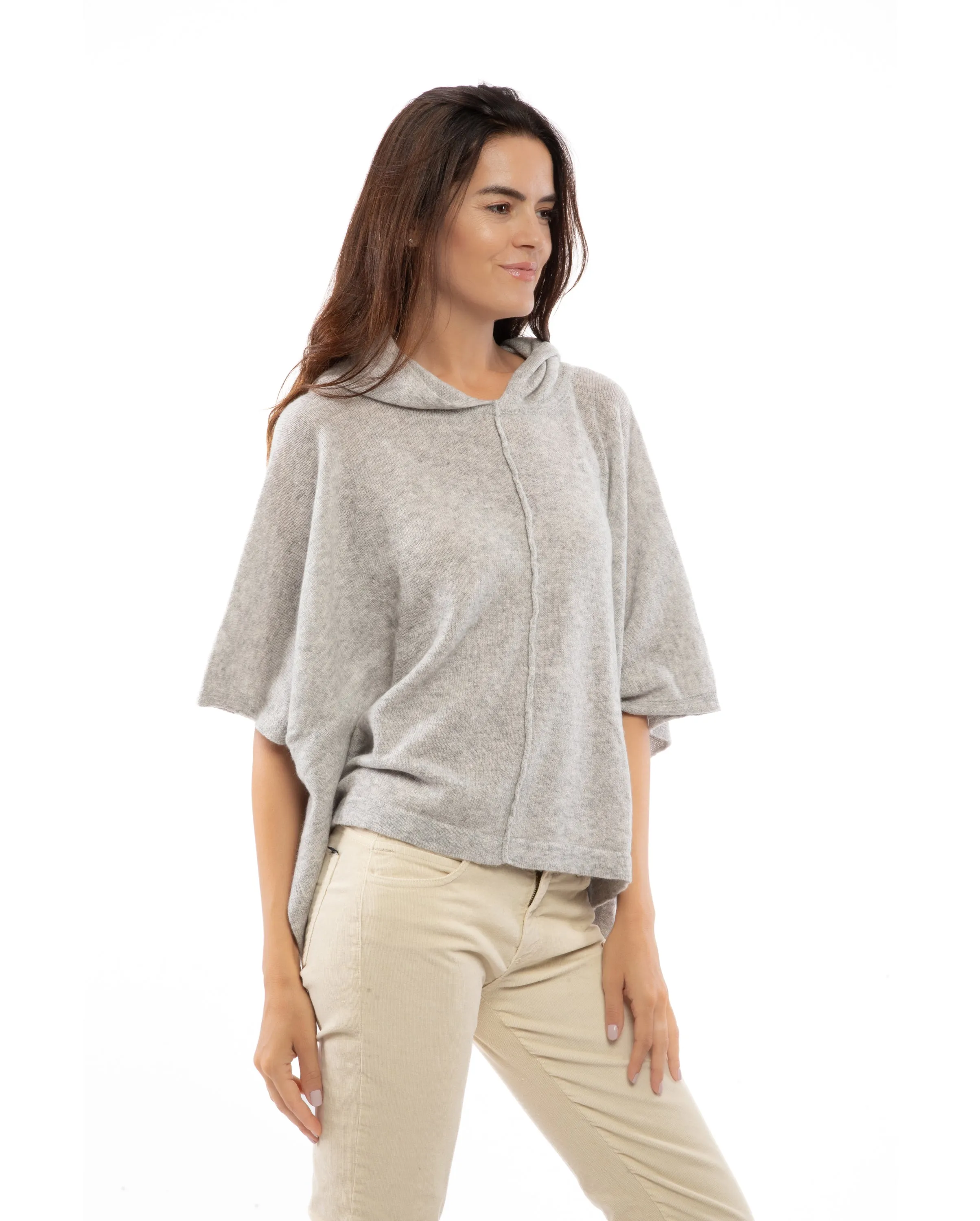 NEW FALL 24 - Cashmere Button Hoodie Poncho Light Gray