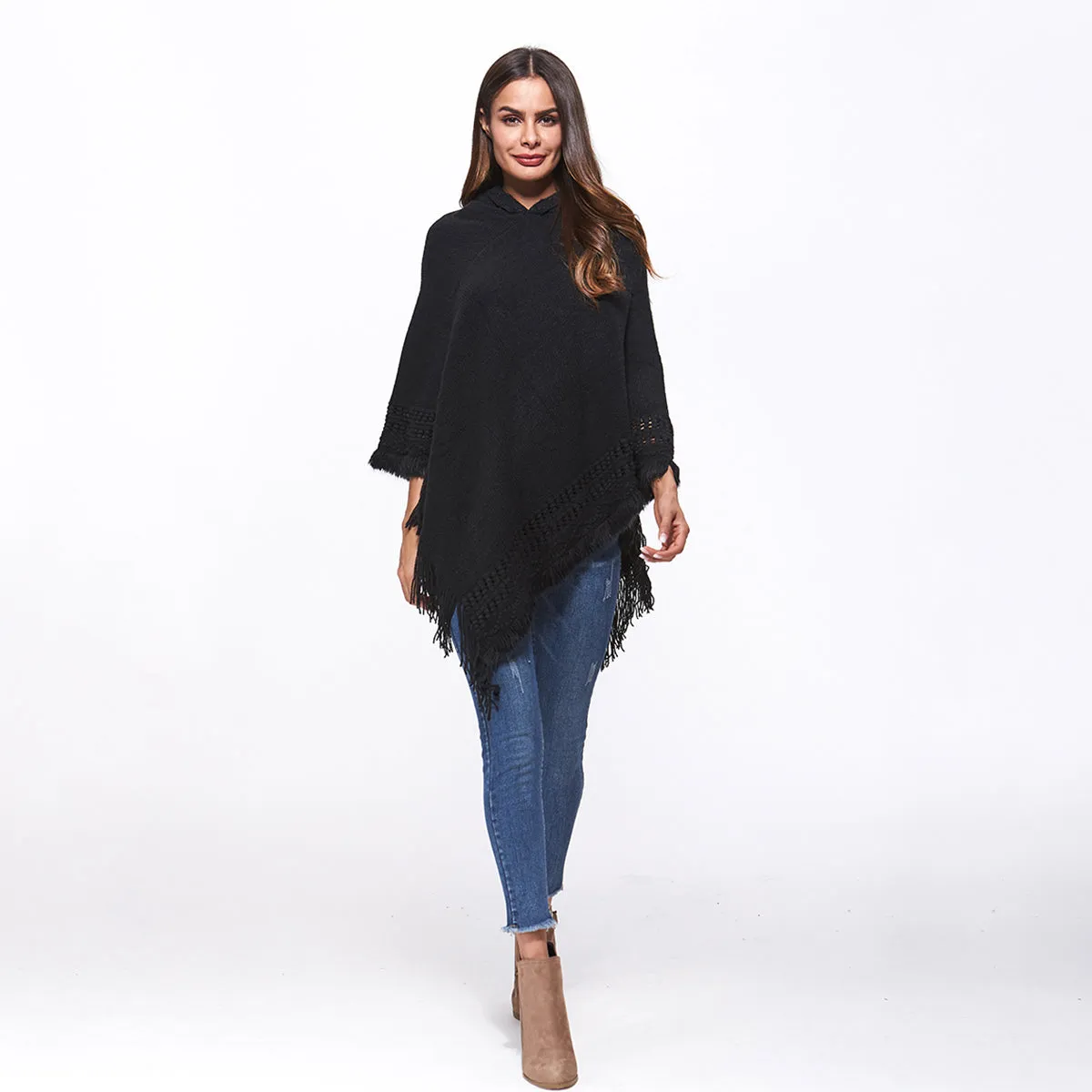 Openwork Fringe Hem Hooded Poncho