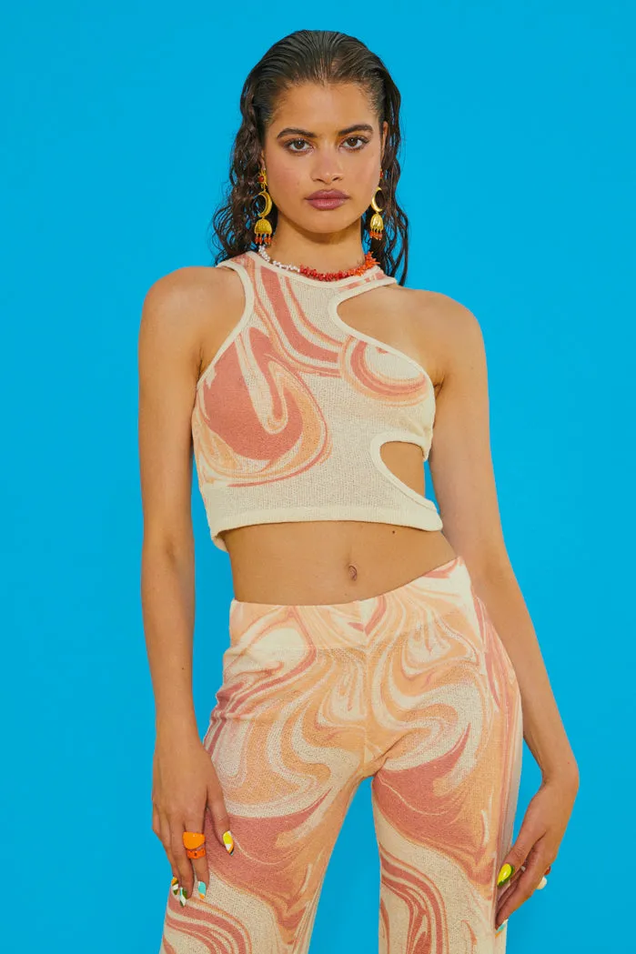 Orange Swirl Print Halter Cut Out Crop Top