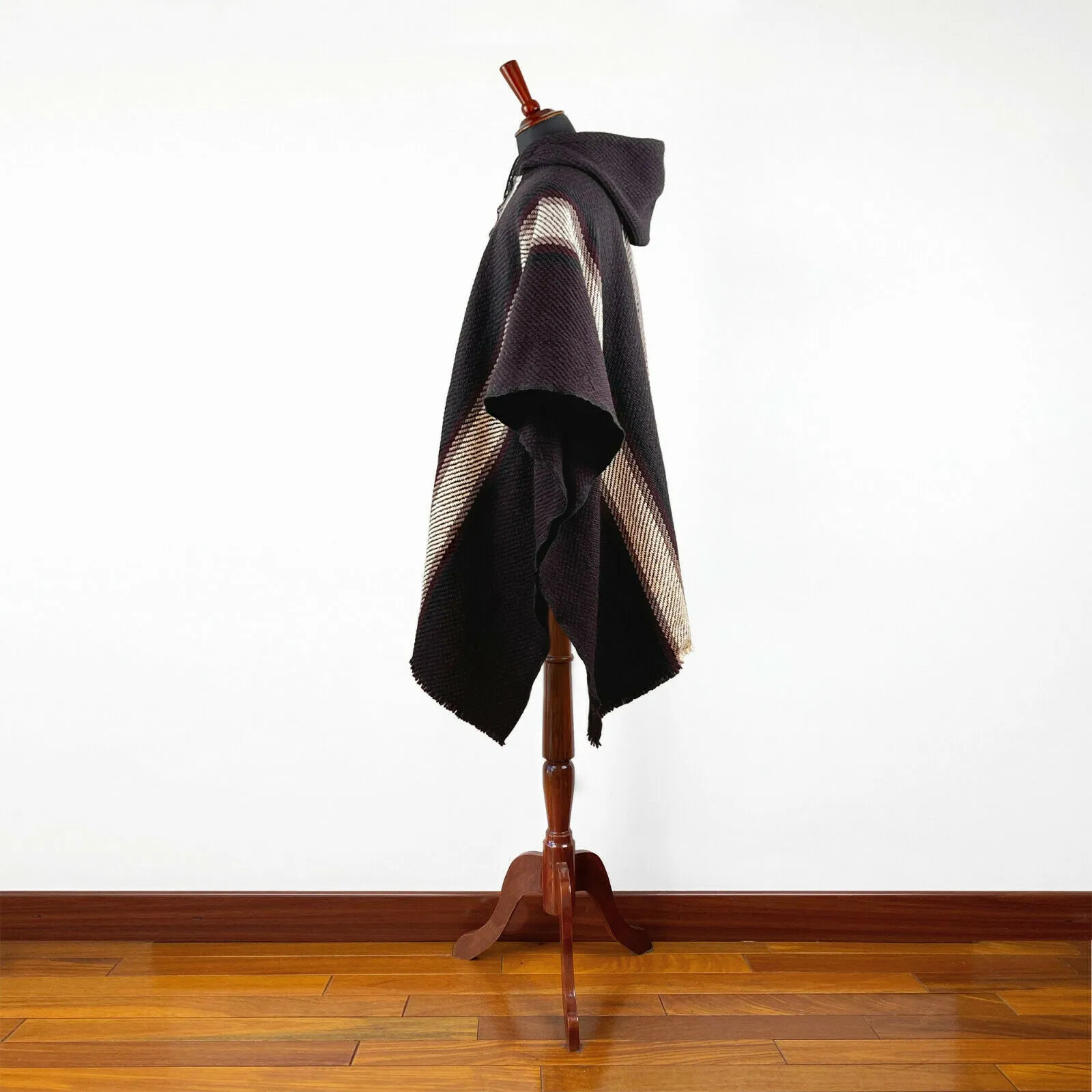 Paqui - Llama Wool Unisex South American Handwoven Thick Hooded Poncho - striped - dark purple