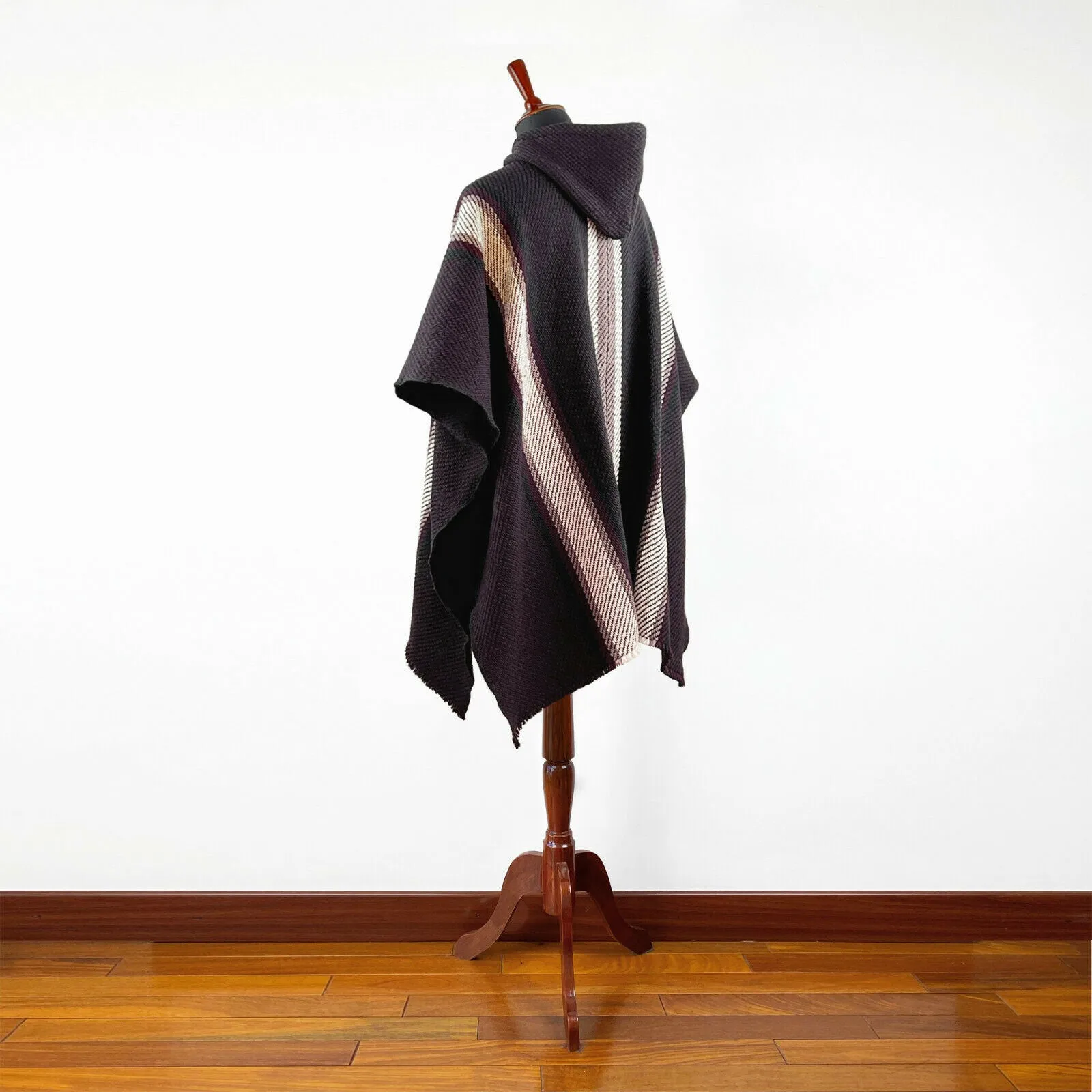 Paqui - Llama Wool Unisex South American Handwoven Thick Hooded Poncho - striped - dark purple